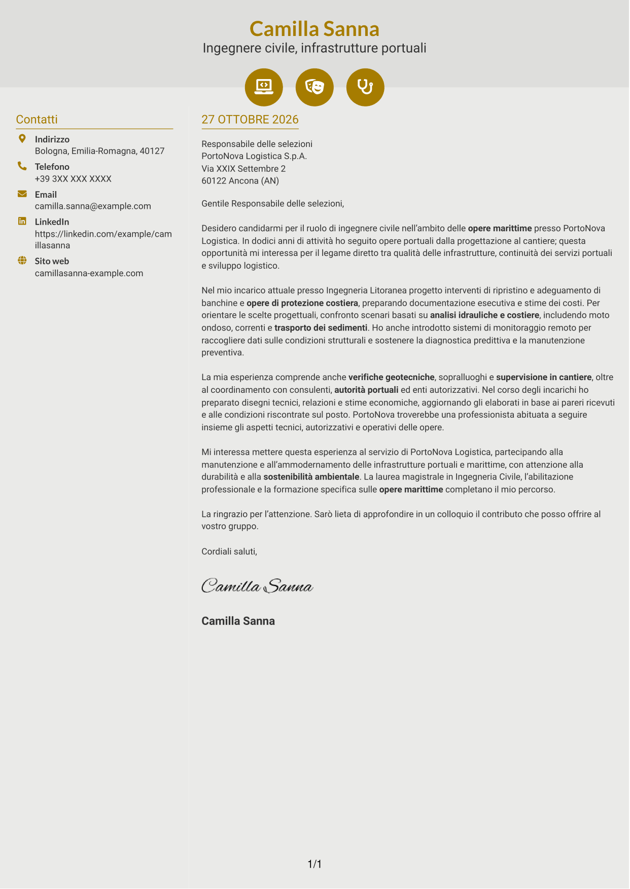Lettera di presentazione Dinamico (formato a due colonne con icone): Ingegnere Civile - Opere Marittime, pagina 1
