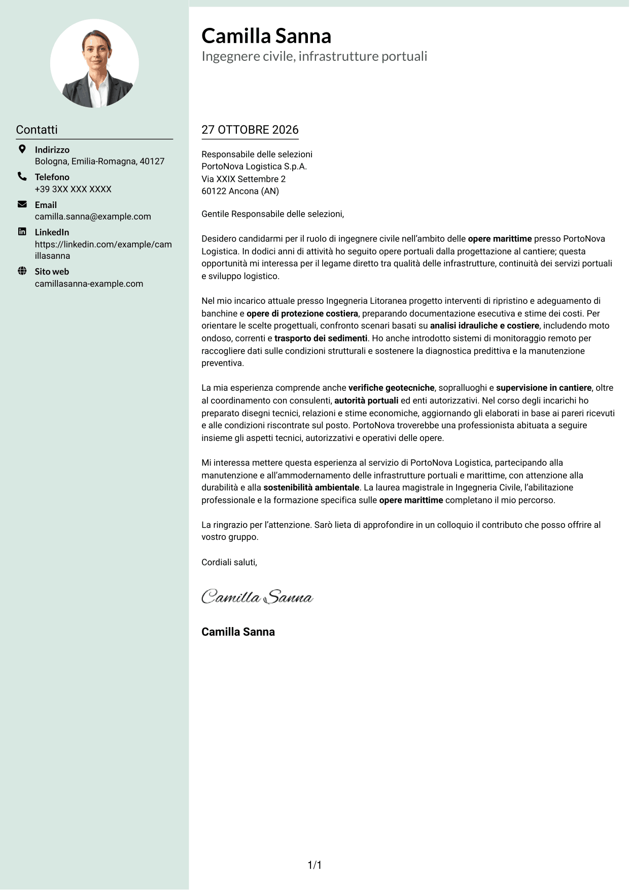 Lettera di presentazione Dirigente (formato con colonna laterale tenue e foto arrotondata): Ingegnere Civile - Opere Marittime, pagina 1