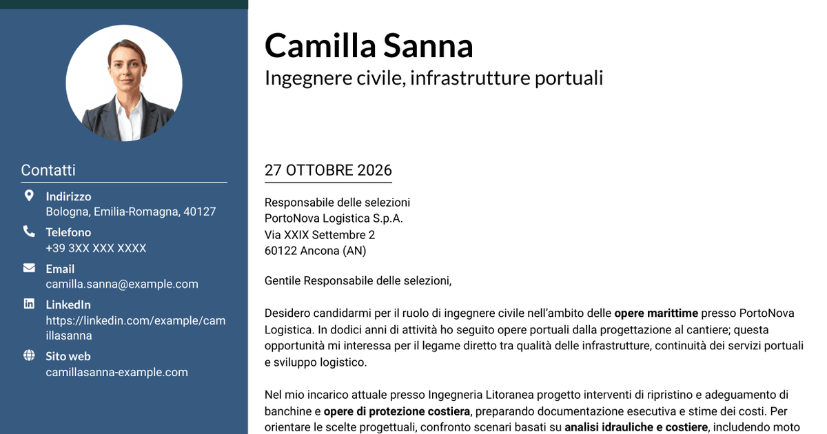7 modelli di lettera di presentazione per Ingegnere Civile - Opere Marittime, con esempi