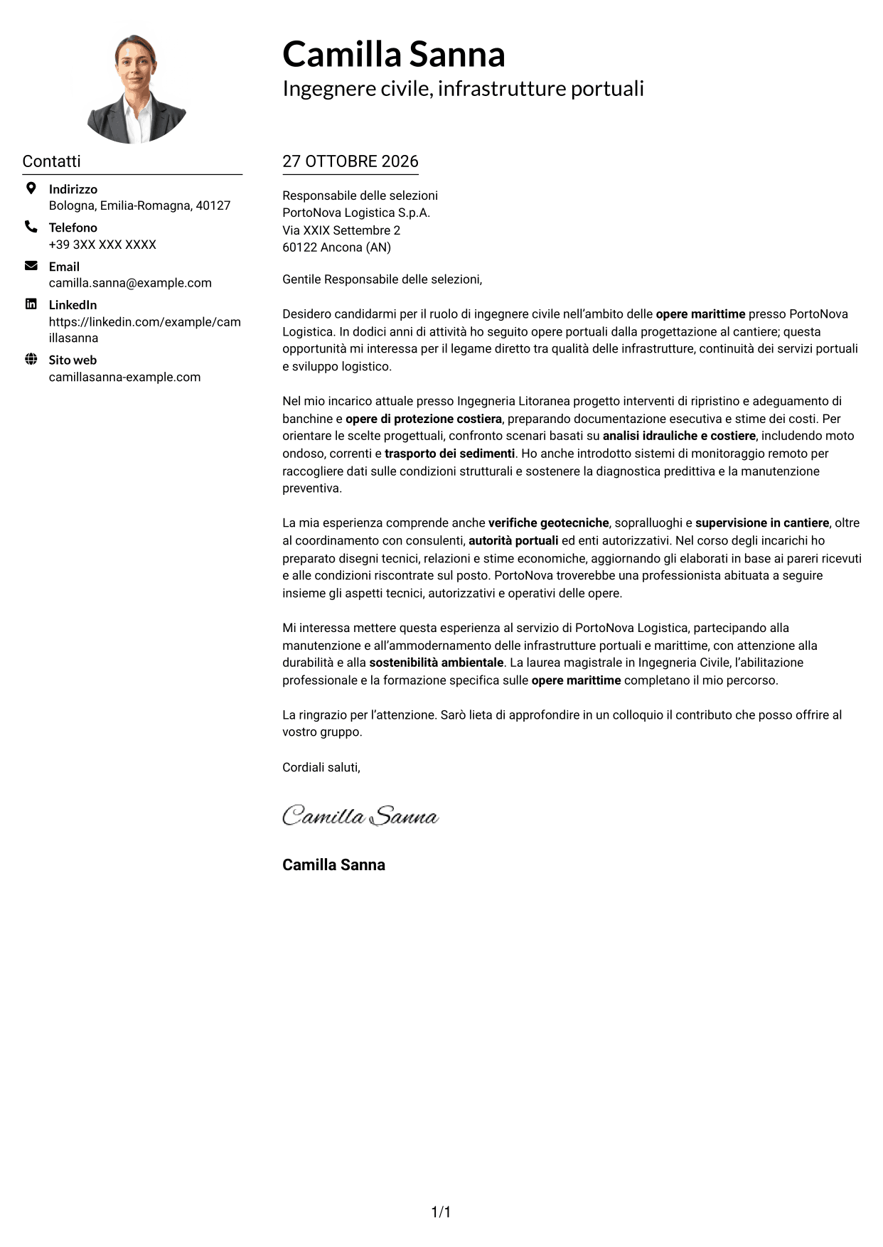 Esempio di lettera di presentazione — pagina 1