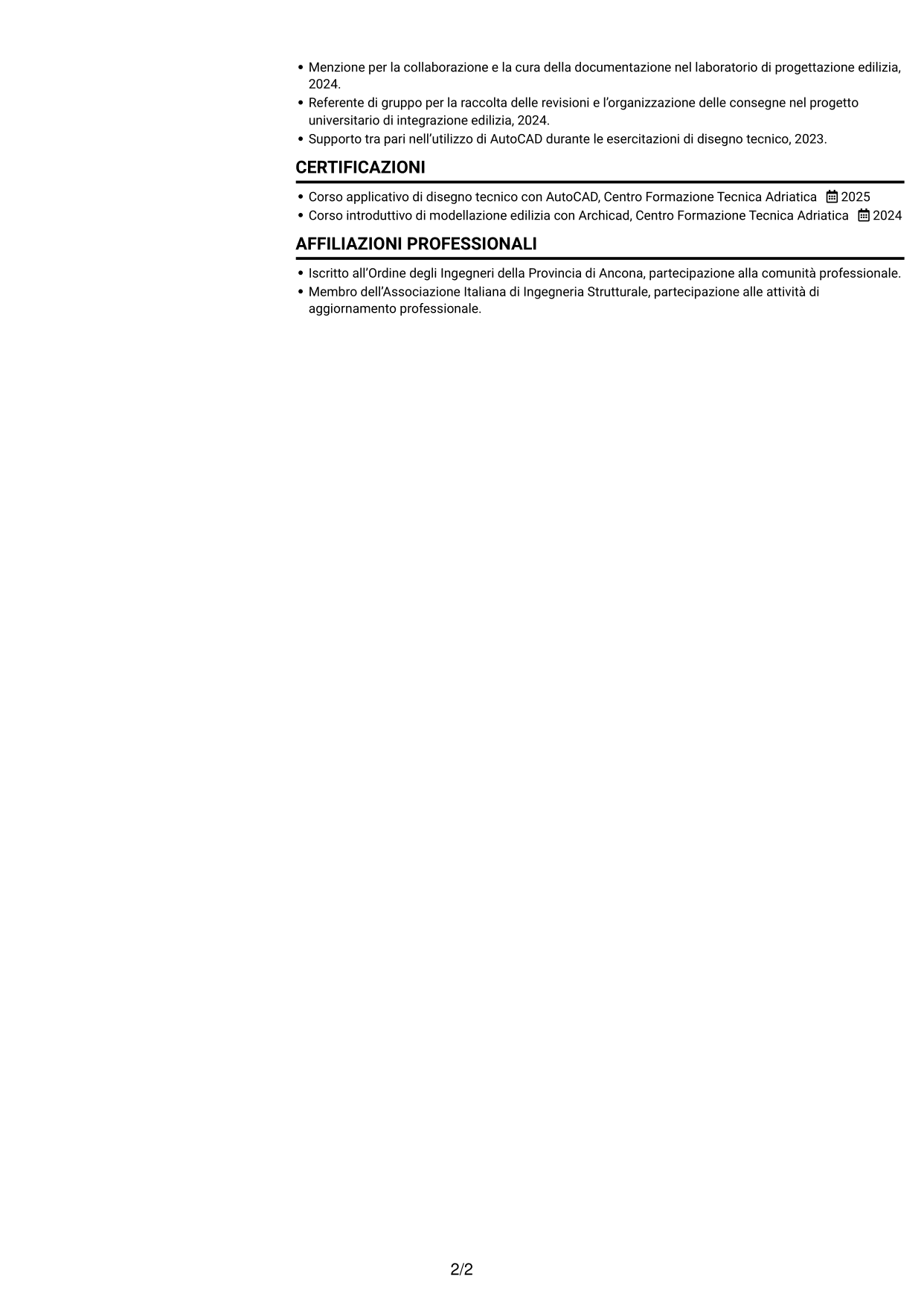 CV Compatto (formato sobrio a due colonne con foto): Ingegnere civile - Progettazione strutturale, pagina 2