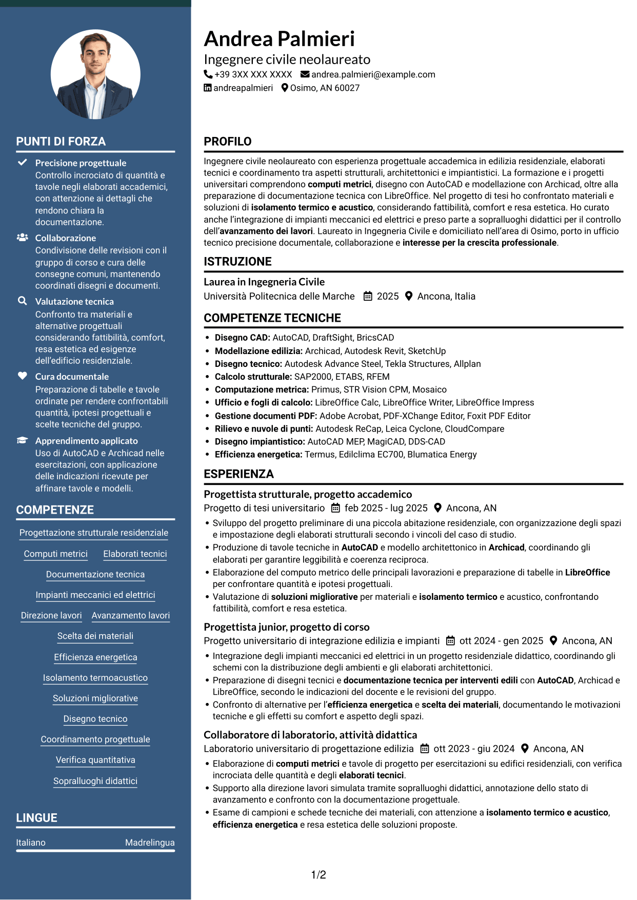 CV Elegante (formato con colonna laterale colorata e foto): Ingegnere civile - Progettazione strutturale, pagina 1