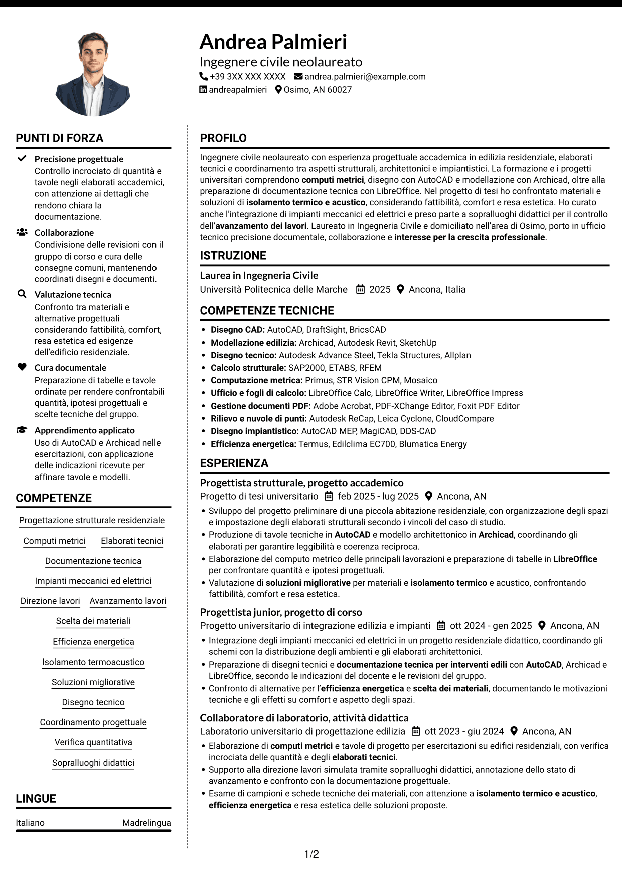 CV Moderno (formato a due colonne con foto a sinistra e separatore): Ingegnere civile - Progettazione strutturale, pagina 1