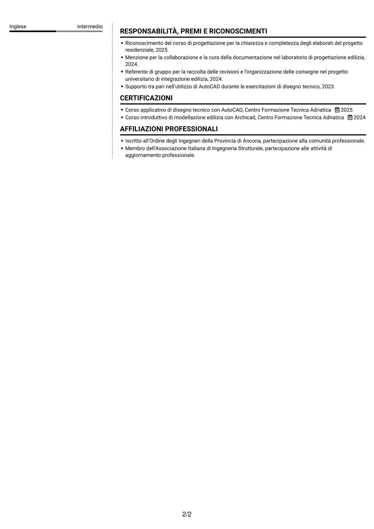 CV Moderno (formato a due colonne con foto a sinistra e separatore): Ingegnere civile - Progettazione strutturale, pagina 2