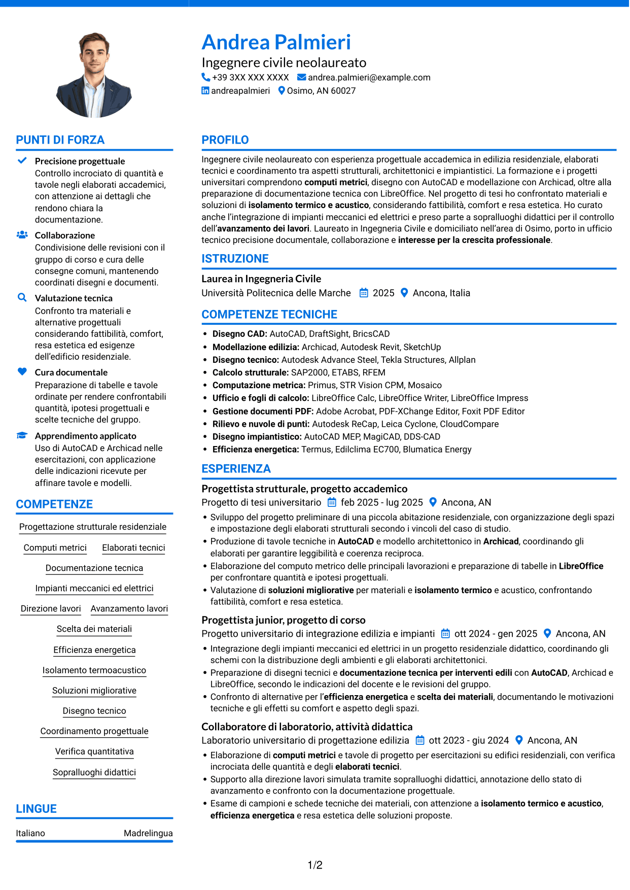 CV Audace (formato a due colonne con accenti colorati e foto): Ingegnere civile - Progettazione strutturale, pagina 1