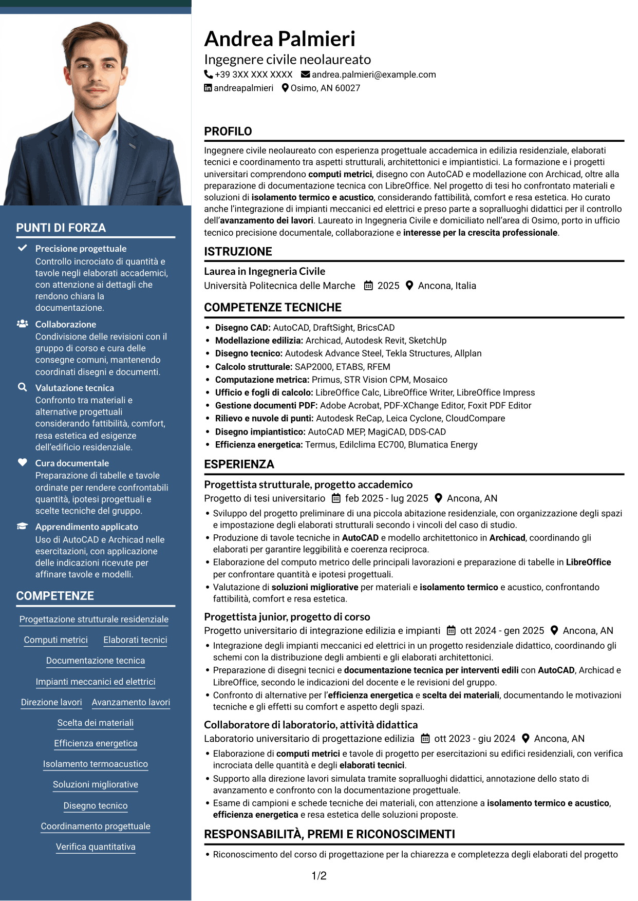 CV Signature (formato con colonna laterale colorata e foto grande): Ingegnere civile - Progettazione strutturale, pagina 1