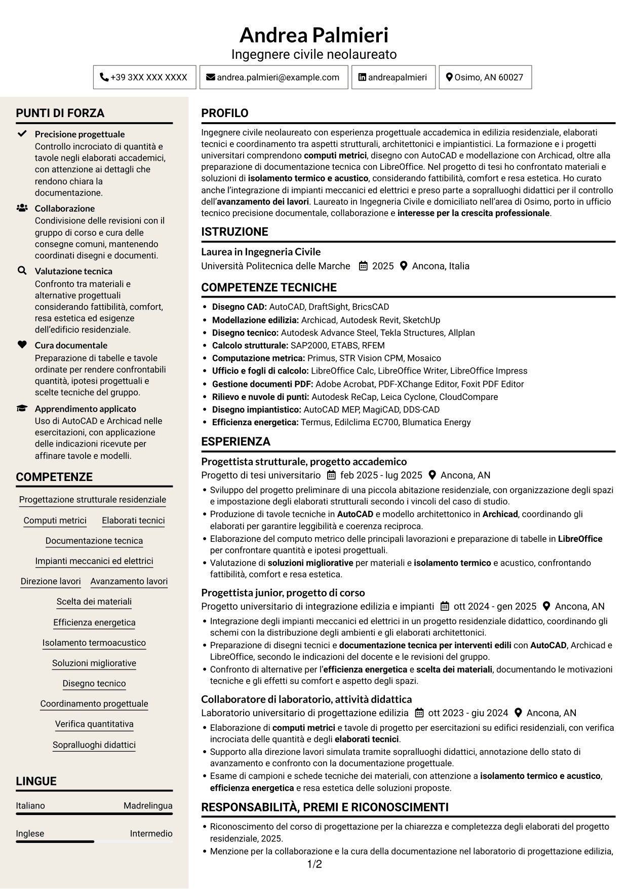 CV Intraprendente (formato a due colonne con intestazione centrata senza foto): Ingegnere civile - Progettazione strutturale, pagina 1