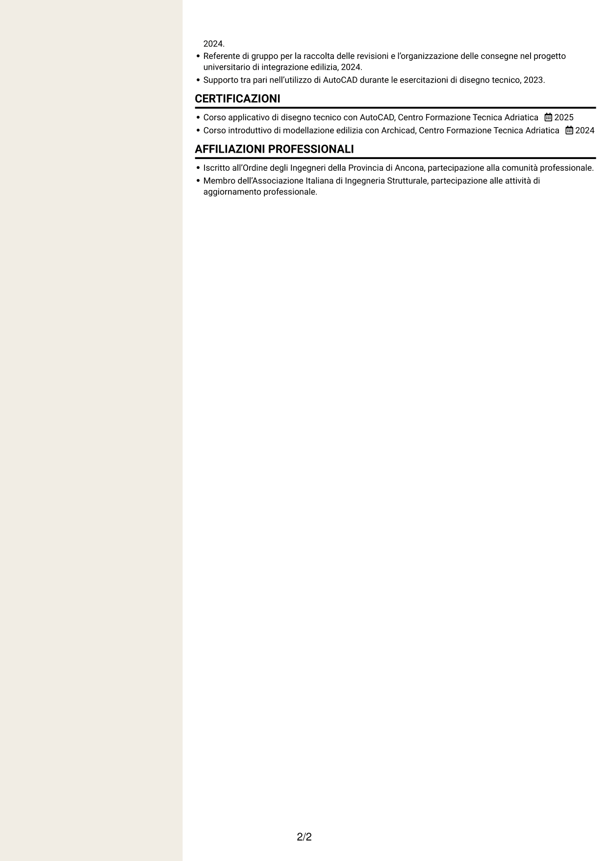CV Intraprendente (formato a due colonne con intestazione centrata senza foto): Ingegnere civile - Progettazione strutturale, pagina 2