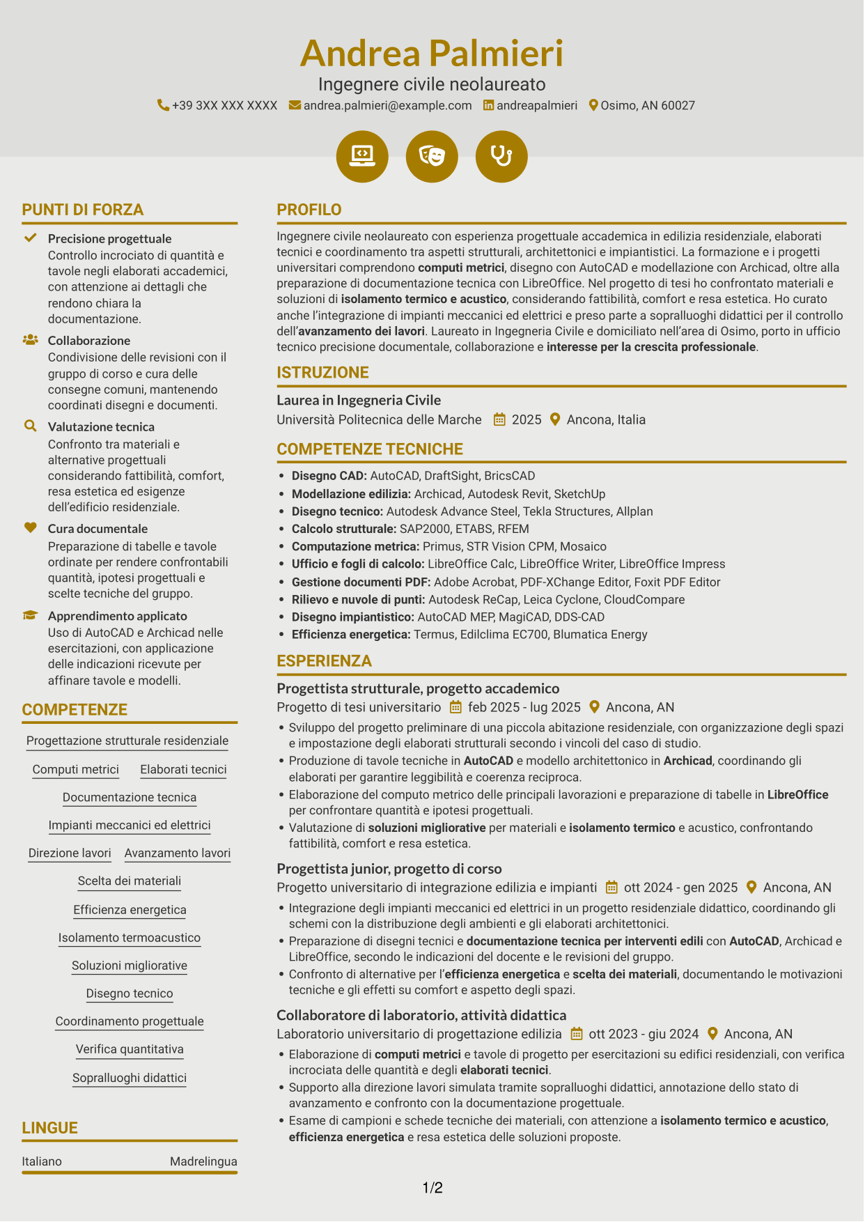 CV Dinamico (formato a due colonne con icone): Ingegnere civile - Progettazione strutturale, pagina 1