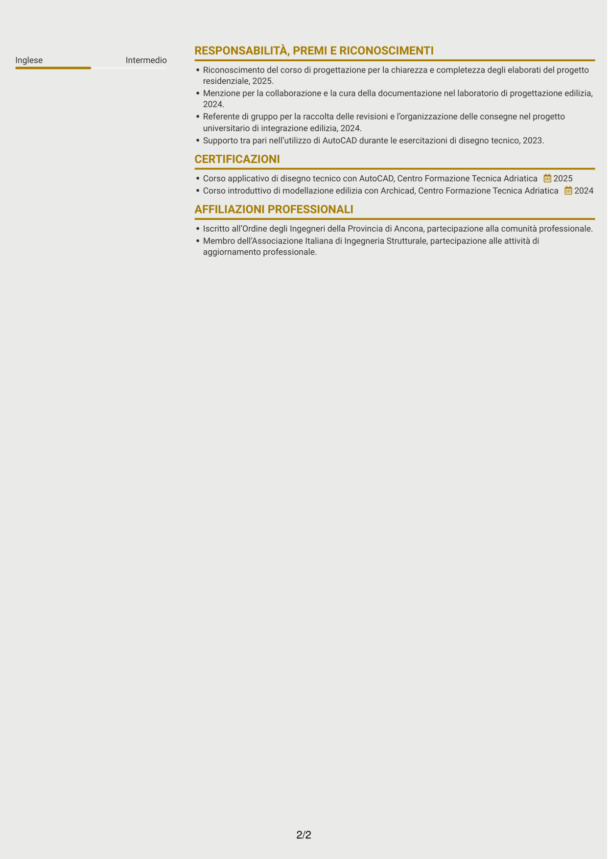 CV Dinamico (formato a due colonne con icone): Ingegnere civile - Progettazione strutturale, pagina 2