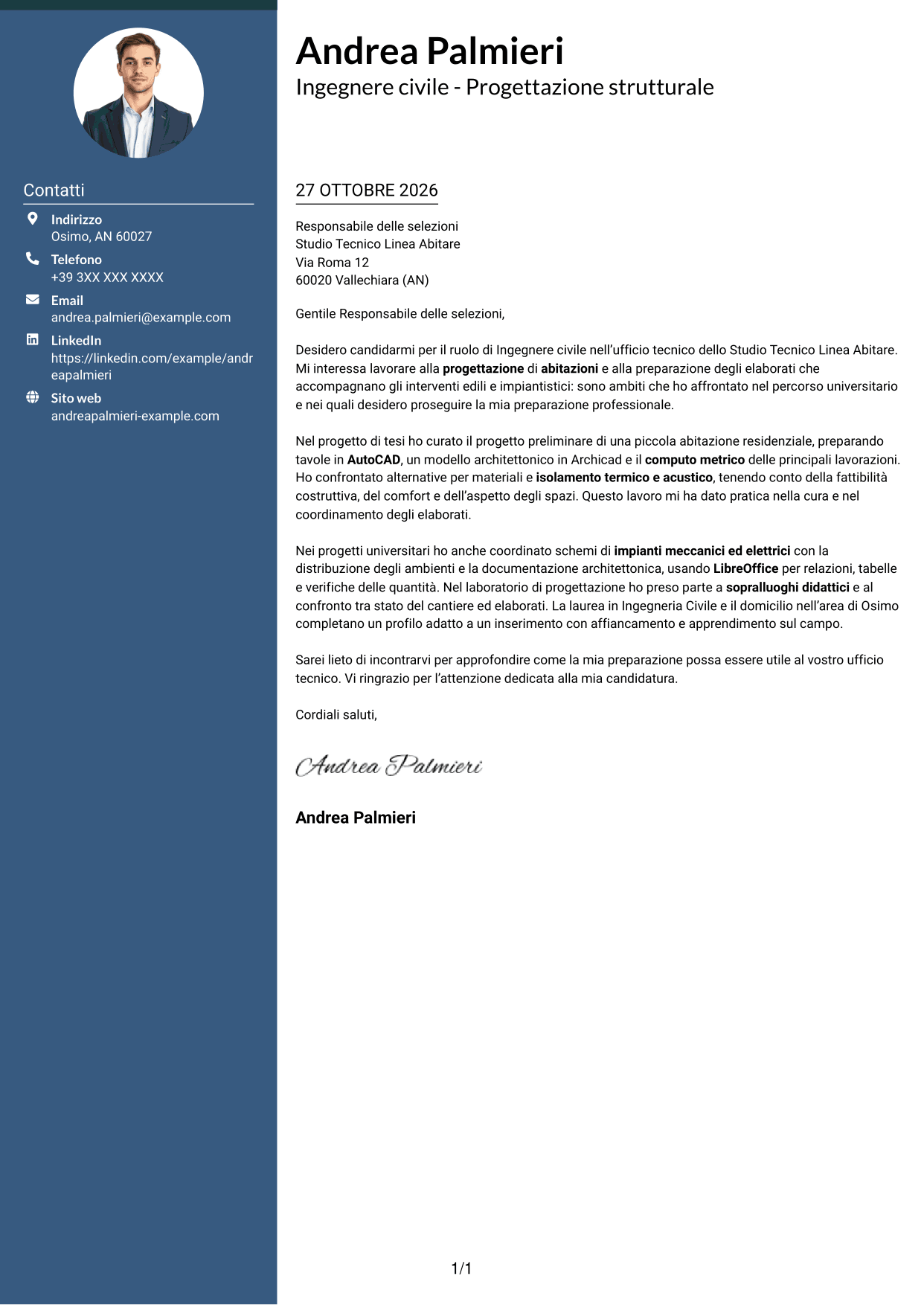 Lettera di presentazione Elegante (formato con colonna laterale colorata e foto): Ingegnere civile - Progettazione strutturale, pagina 1