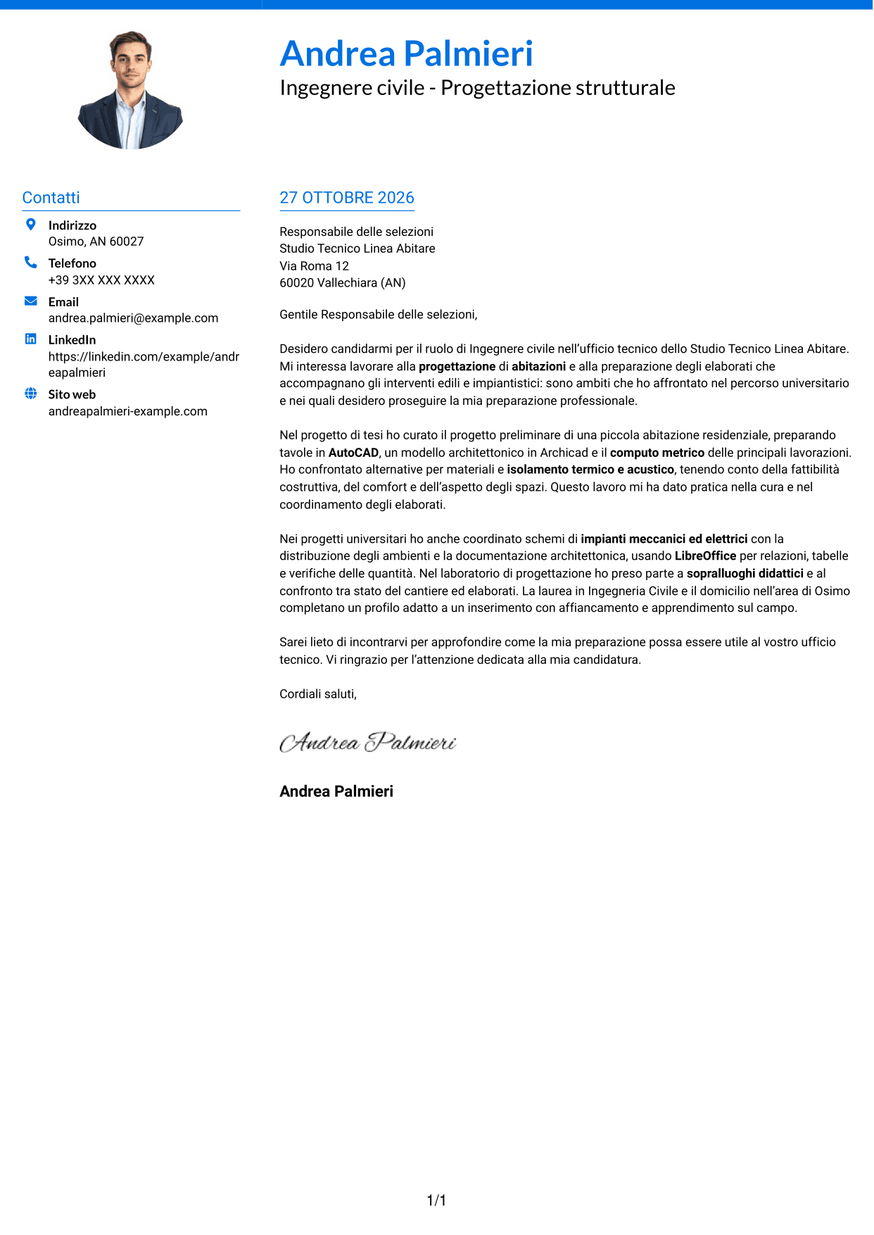 Lettera di presentazione Audace (formato a due colonne con accenti colorati e foto): Ingegnere civile - Progettazione strutturale, pagina 1