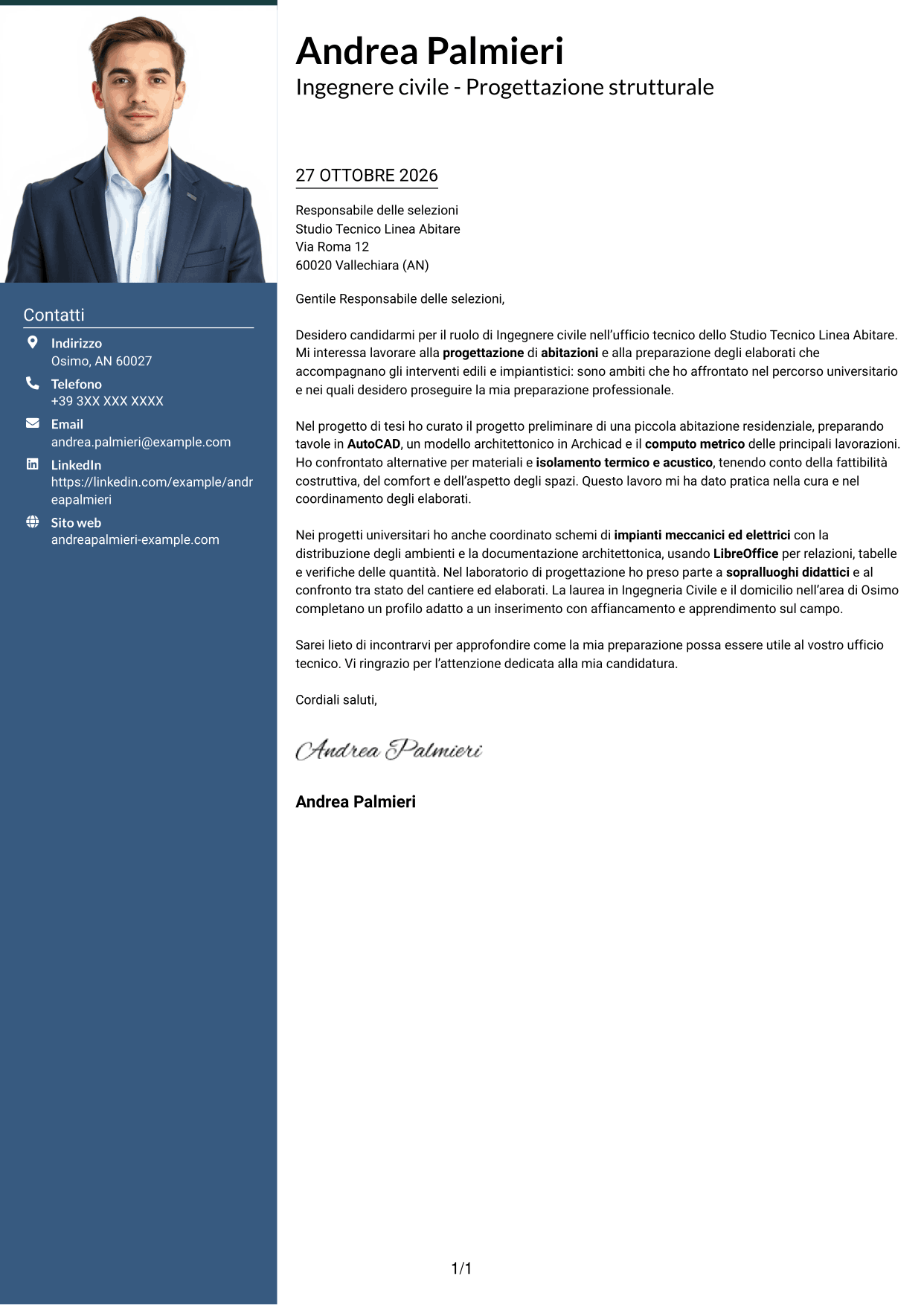 Lettera di presentazione Signature (formato con colonna laterale colorata e foto grande): Ingegnere civile - Progettazione strutturale, pagina 1