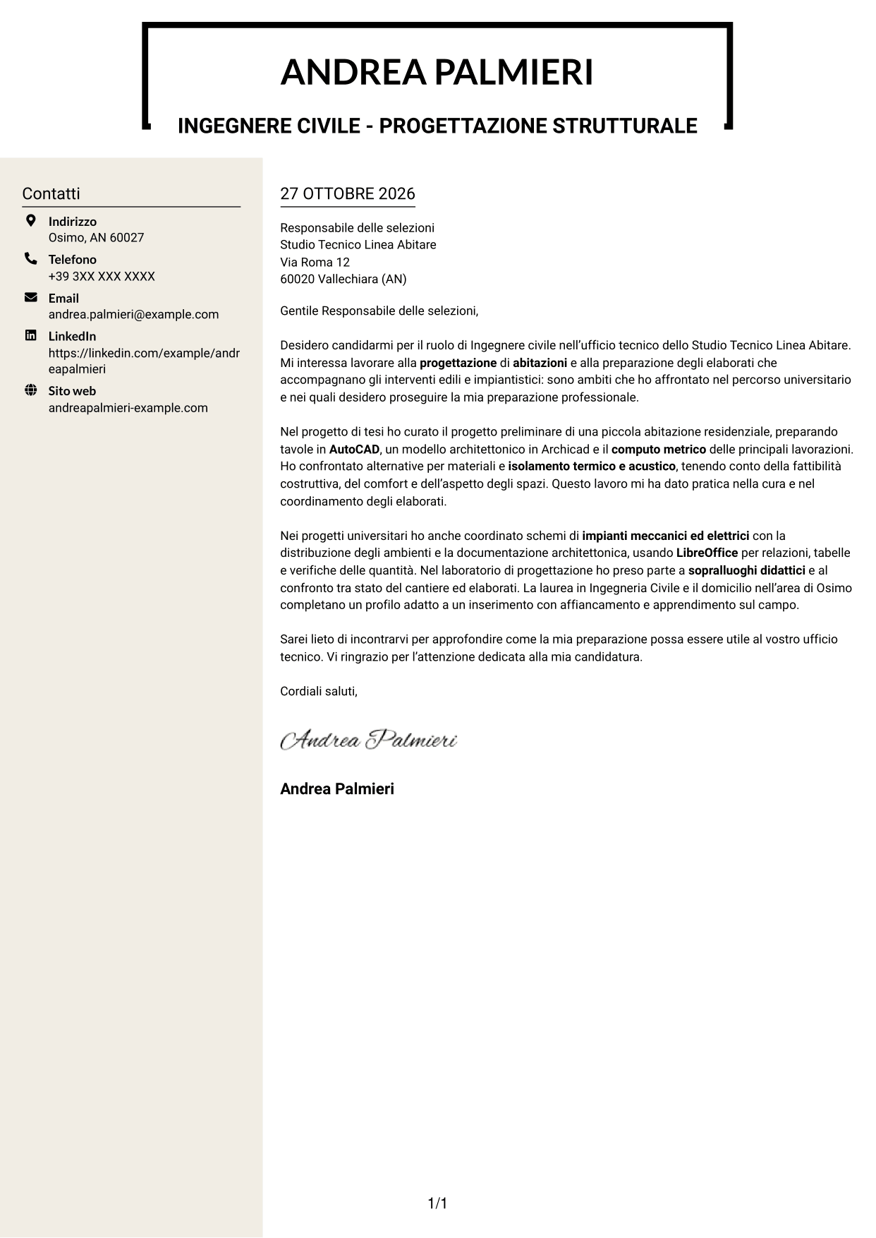 Lettera di presentazione Intraprendente (formato a due colonne con intestazione centrata senza foto): Ingegnere civile - Progettazione strutturale, pagina 1