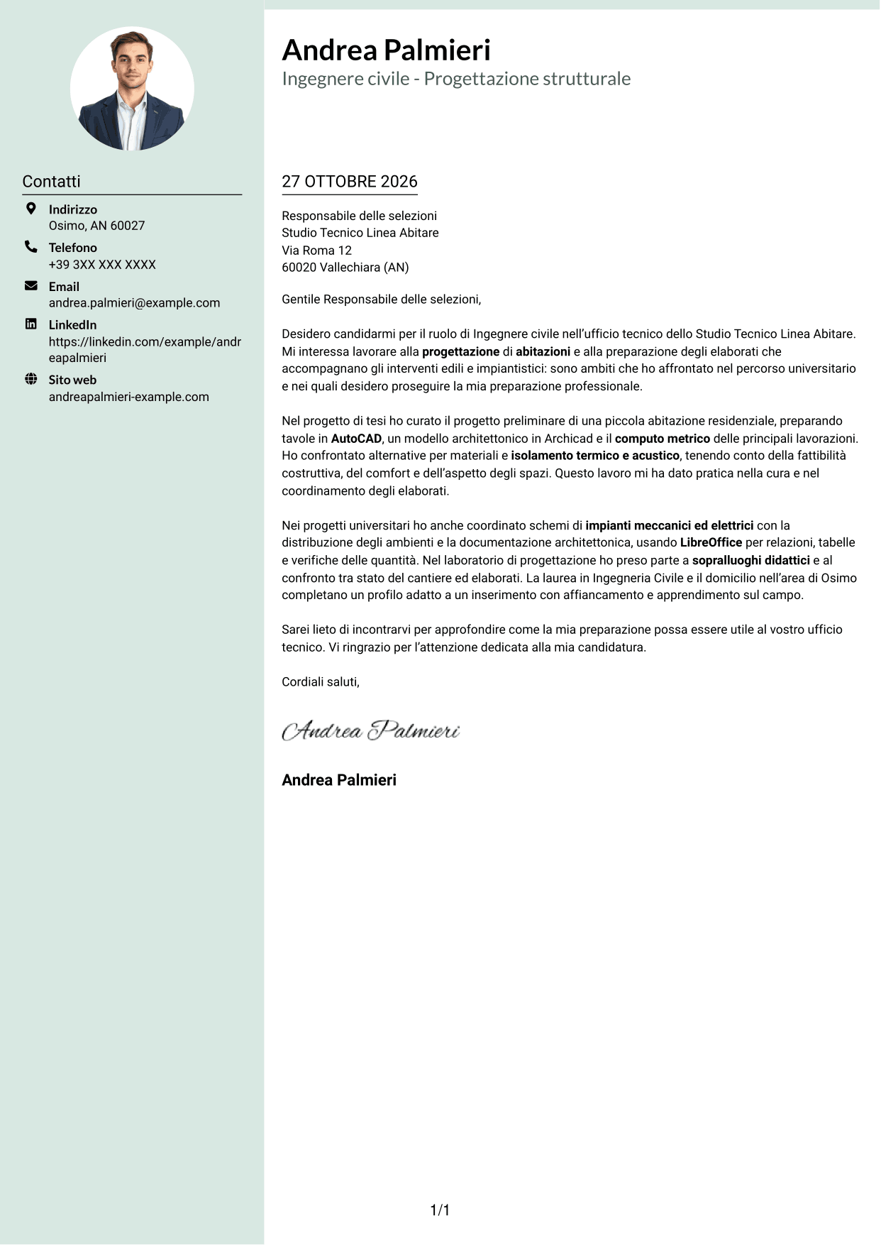 Lettera di presentazione Dirigente (formato con colonna laterale tenue e foto arrotondata): Ingegnere civile - Progettazione strutturale, pagina 1