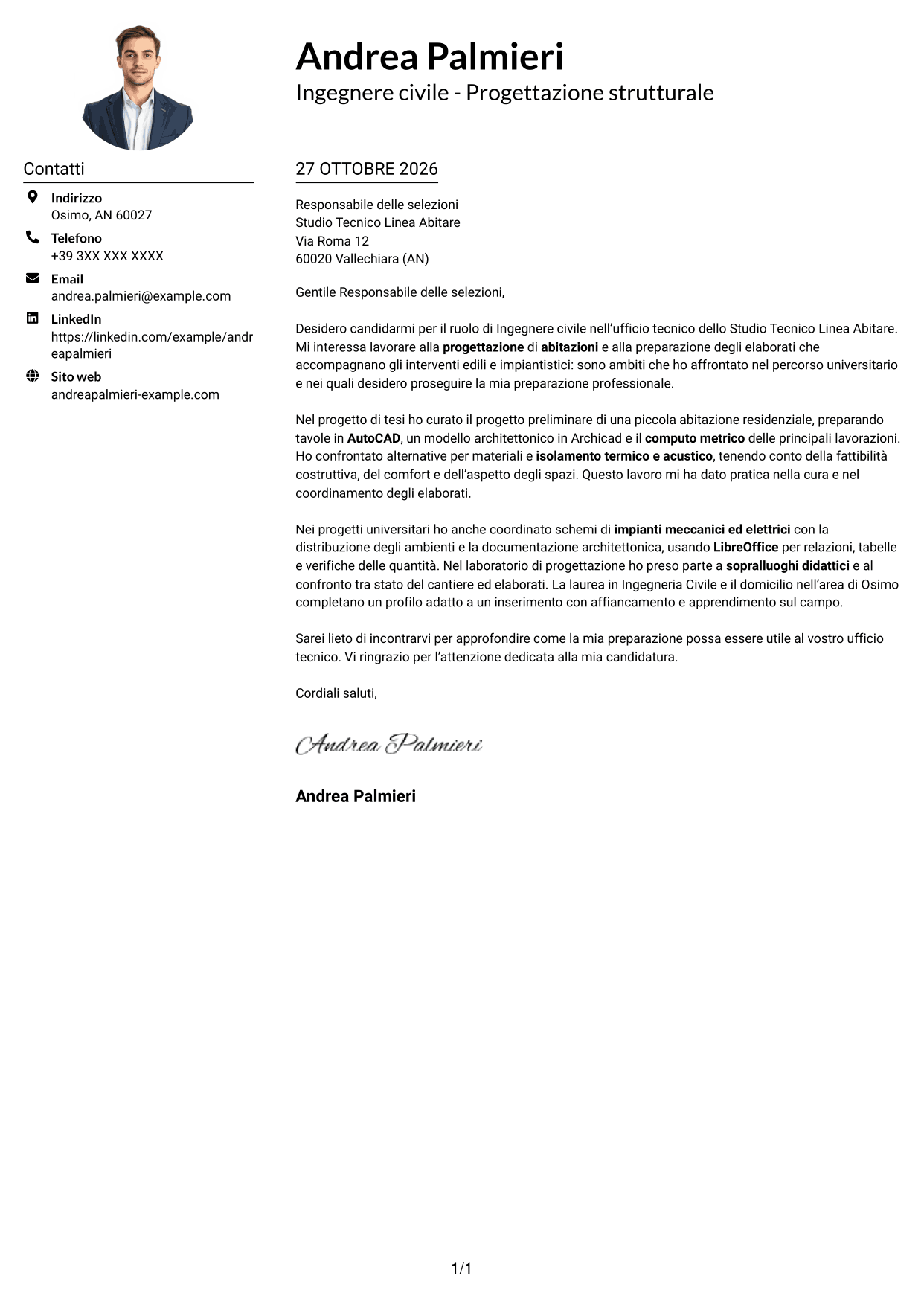 Esempio di lettera di presentazione — pagina 1