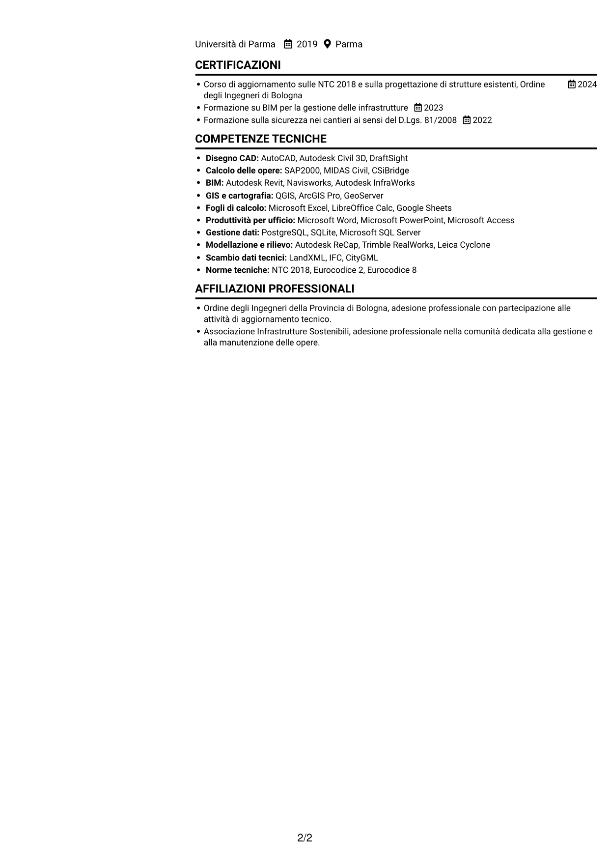 CV Compatto (formato sobrio a due colonne con foto): Ingegnere Civile - Sorveglianza e Monitoraggio delle Opere Infrastrutturali, pagina 2