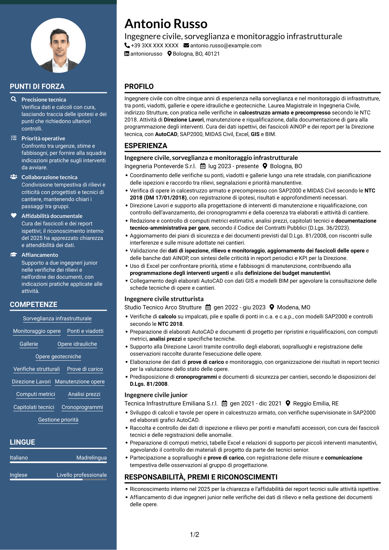 CV Elegante (formato con colonna laterale colorata e foto): Ingegnere Civile - Sorveglianza e Monitoraggio delle Opere Infrastrutturali, pagina 1
