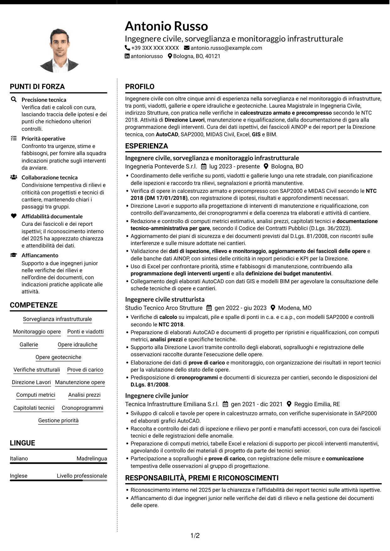 CV Moderno (formato a due colonne con foto a sinistra e separatore): Ingegnere Civile - Sorveglianza e Monitoraggio delle Opere Infrastrutturali, pagina 1