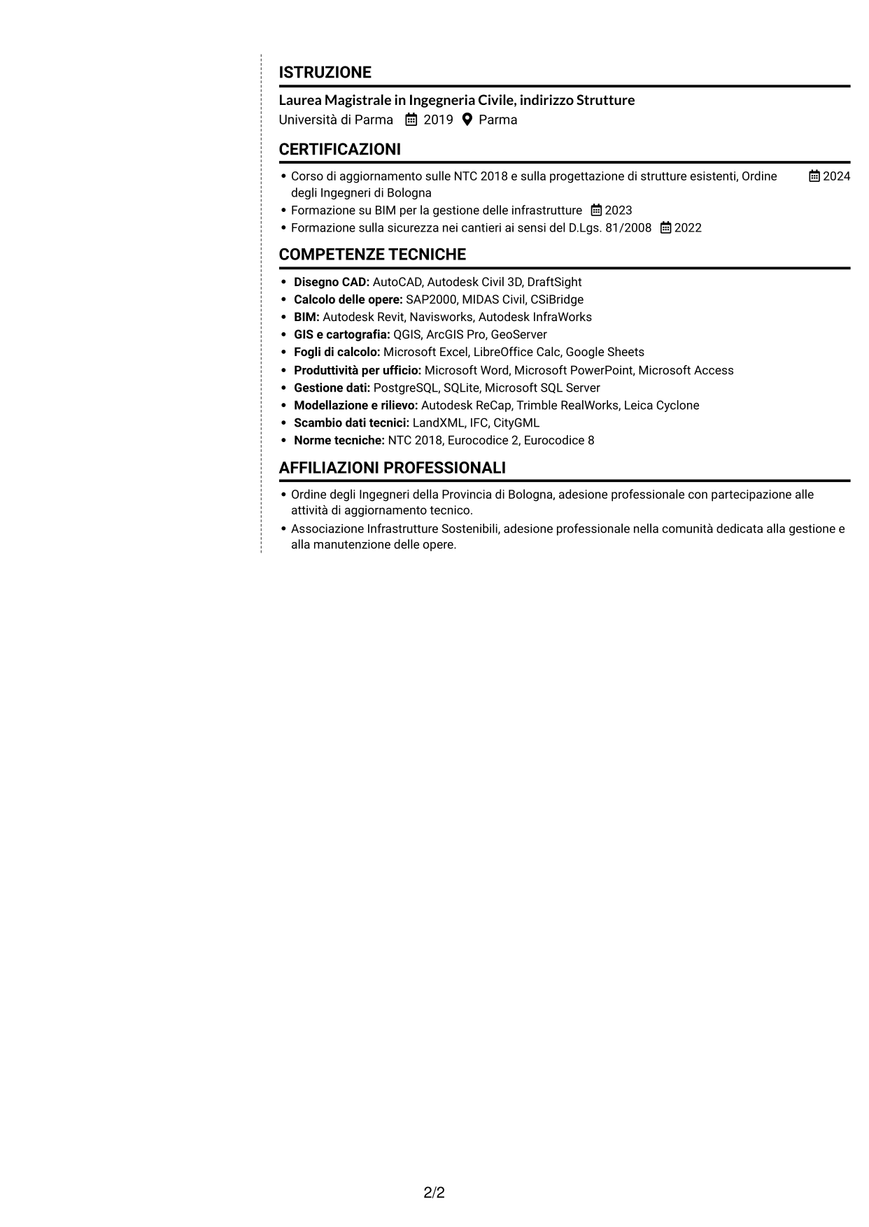 CV Moderno (formato a due colonne con foto a sinistra e separatore): Ingegnere Civile - Sorveglianza e Monitoraggio delle Opere Infrastrutturali, pagina 2