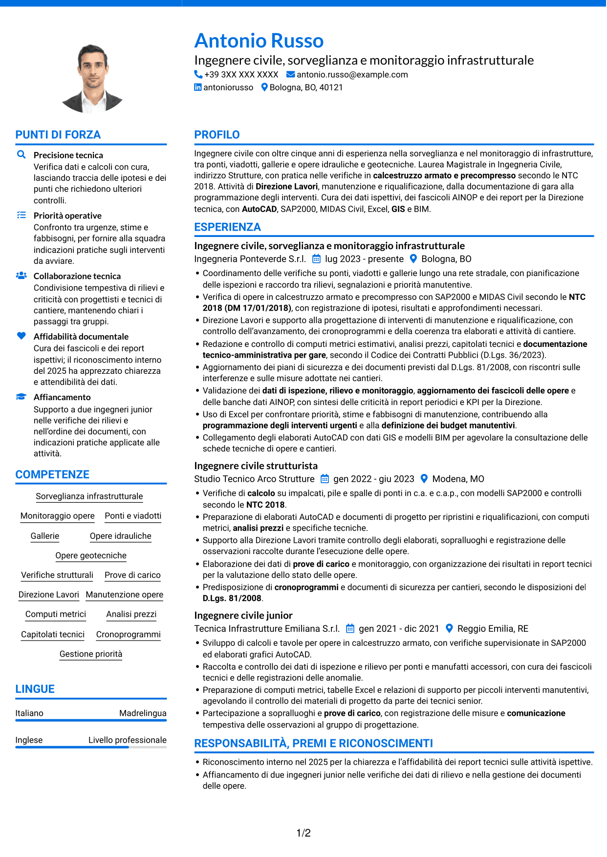 CV Audace (formato a due colonne con accenti colorati e foto): Ingegnere Civile - Sorveglianza e Monitoraggio delle Opere Infrastrutturali, pagina 1