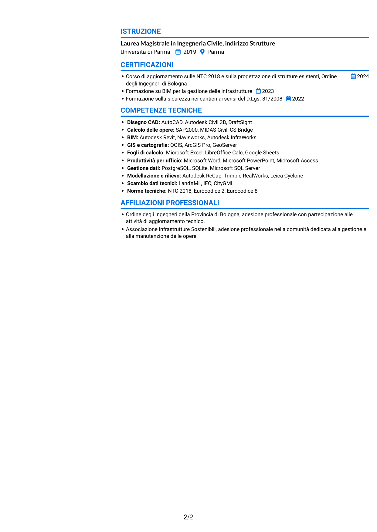 CV Audace (formato a due colonne con accenti colorati e foto): Ingegnere Civile - Sorveglianza e Monitoraggio delle Opere Infrastrutturali, pagina 2