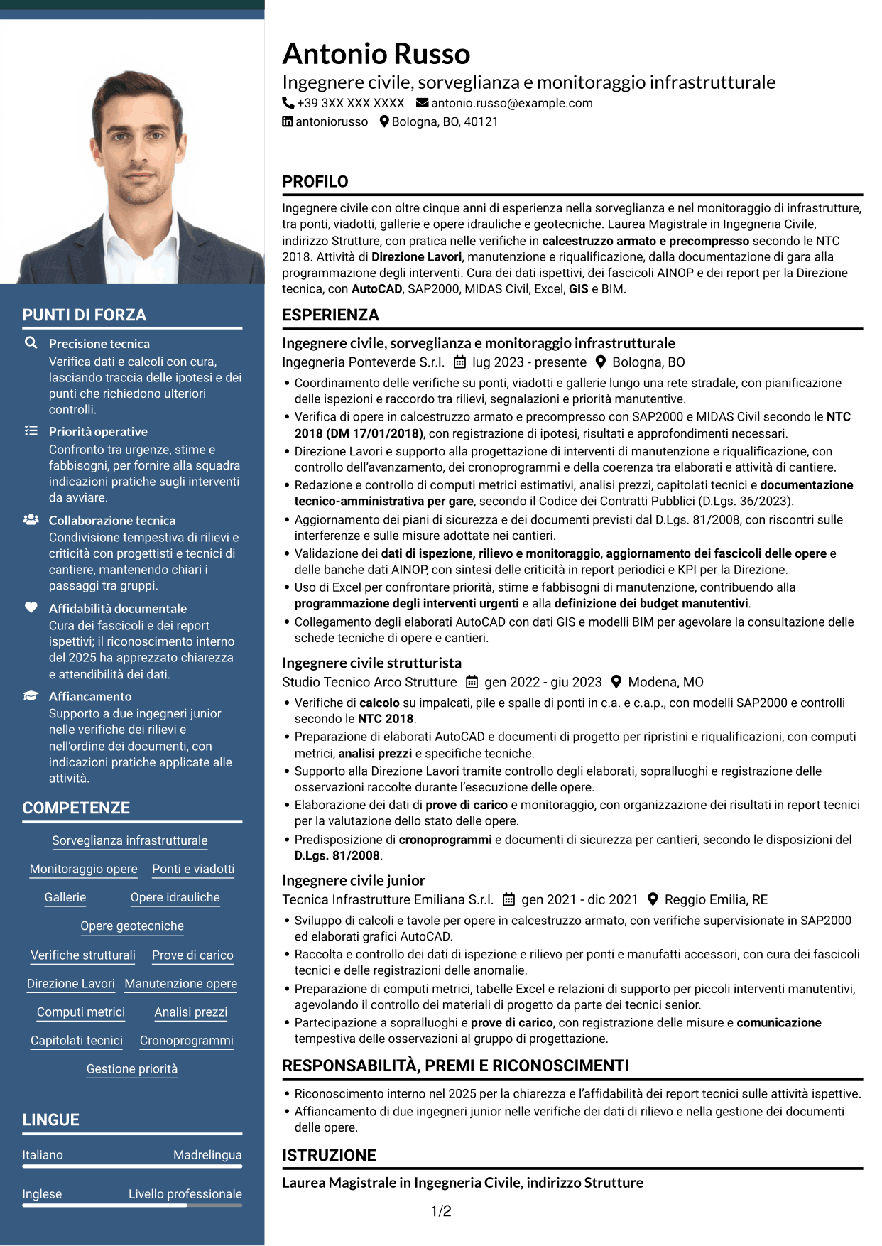 CV Signature (formato con colonna laterale colorata e foto grande): Ingegnere Civile - Sorveglianza e Monitoraggio delle Opere Infrastrutturali, pagina 1
