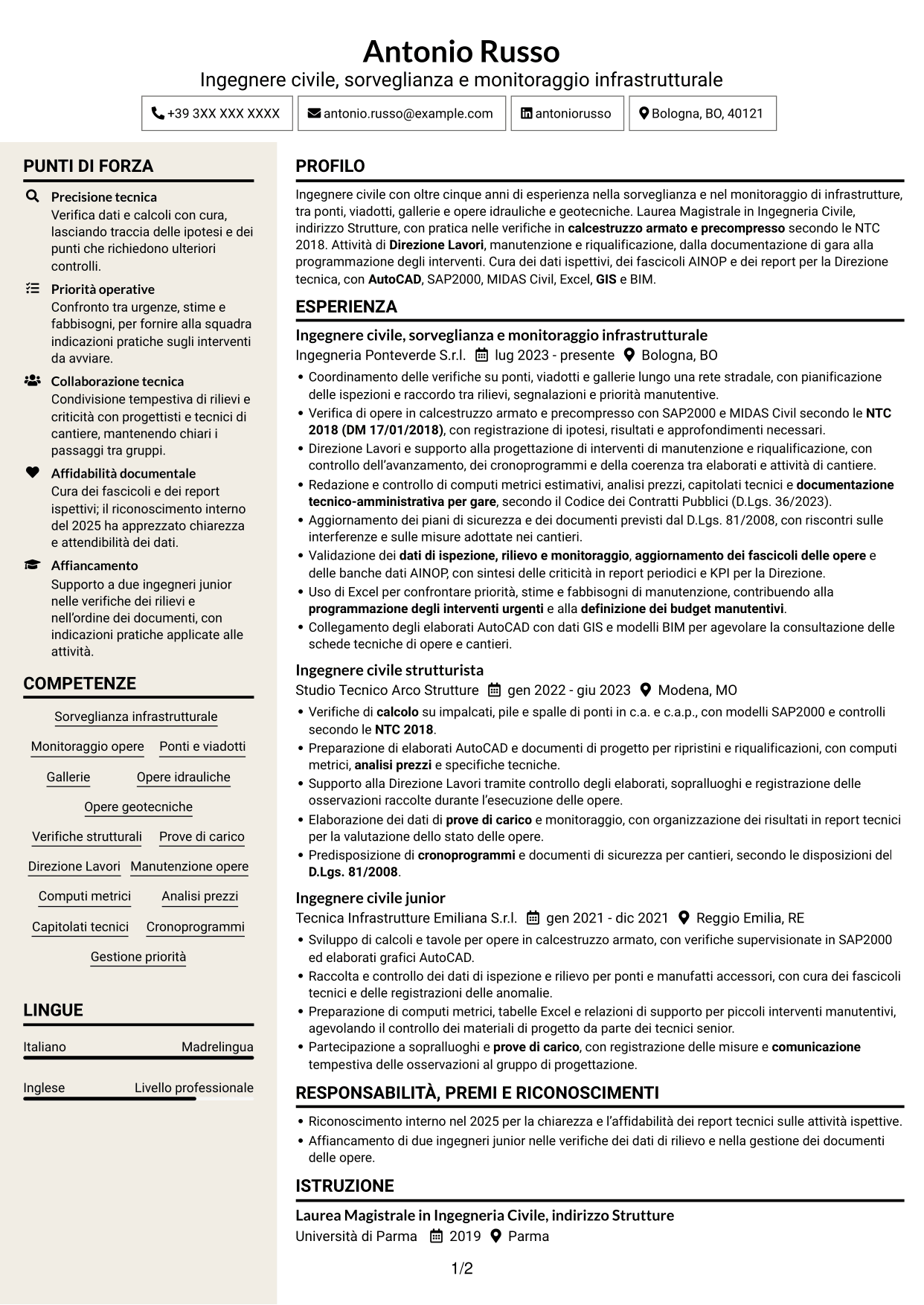 CV Intraprendente (formato a due colonne con intestazione centrata senza foto): Ingegnere Civile - Sorveglianza e Monitoraggio delle Opere Infrastrutturali, pagina 1