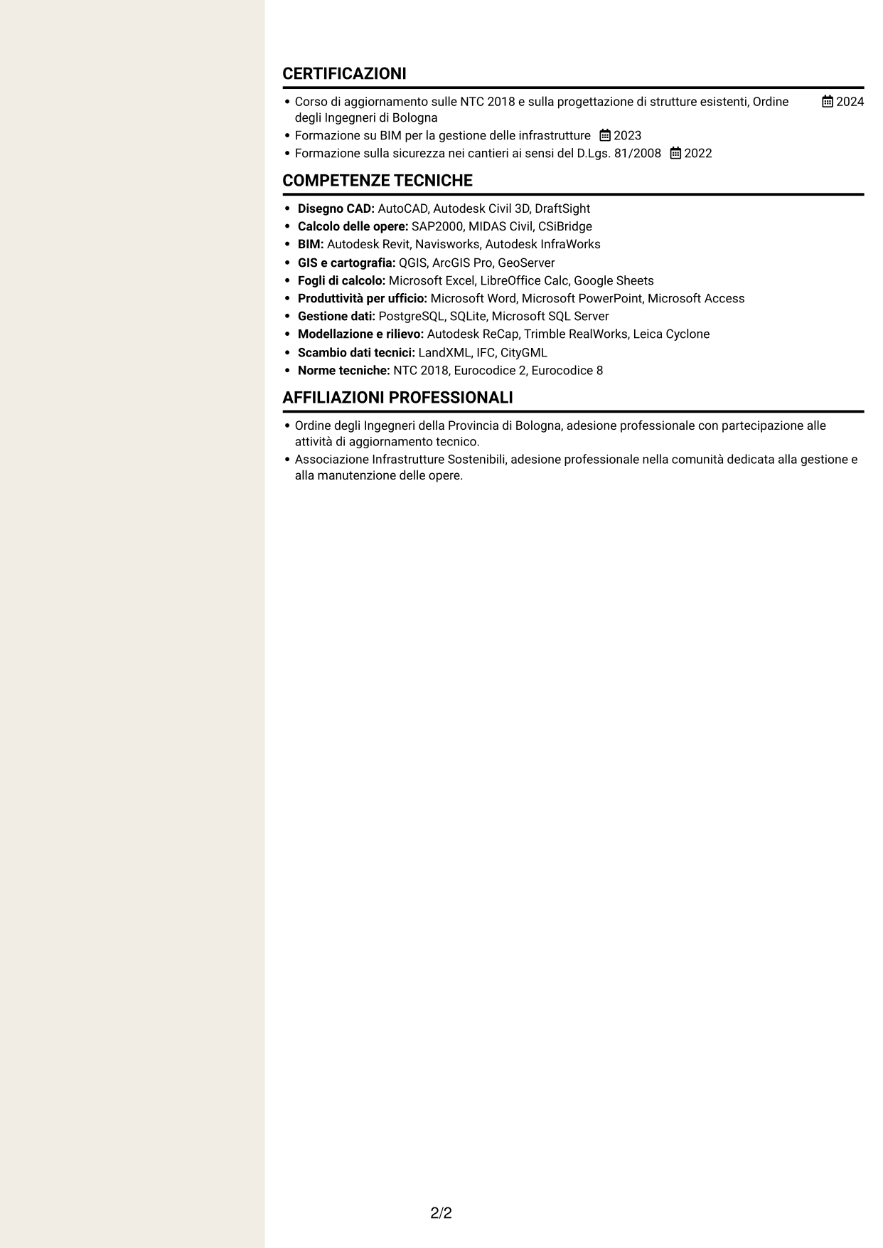CV Intraprendente (formato a due colonne con intestazione centrata senza foto): Ingegnere Civile - Sorveglianza e Monitoraggio delle Opere Infrastrutturali, pagina 2