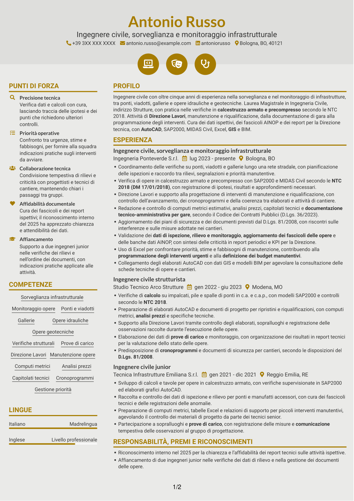 CV Dinamico (formato a due colonne con icone): Ingegnere Civile - Sorveglianza e Monitoraggio delle Opere Infrastrutturali, pagina 1