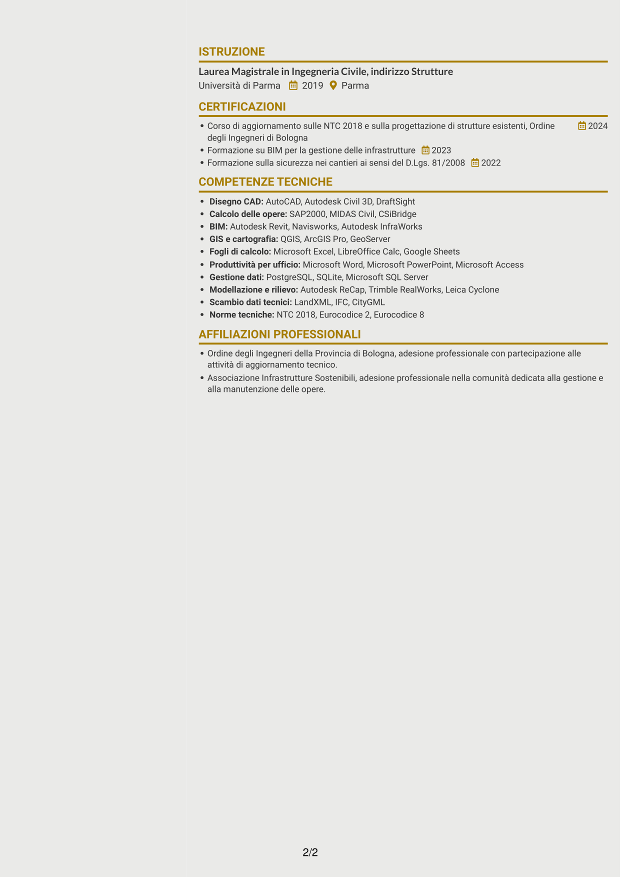 CV Dinamico (formato a due colonne con icone): Ingegnere Civile - Sorveglianza e Monitoraggio delle Opere Infrastrutturali, pagina 2