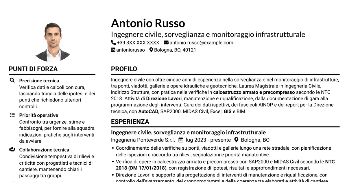 7 modelli di CV per Ingegnere Civile - Sorveglianza e Monitoraggio delle Opere Infrastrutturali, con esempi