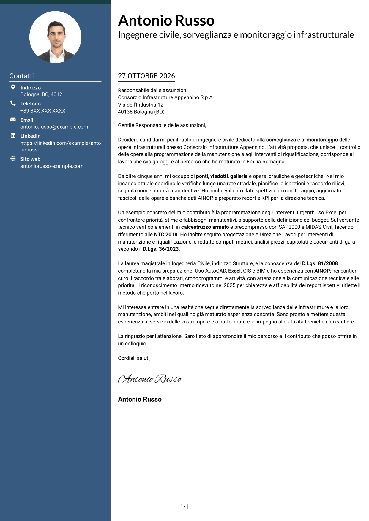 Lettera di presentazione Elegante (formato con colonna laterale colorata e foto): Ingegnere Civile - Sorveglianza e Monitoraggio delle Opere Infrastrutturali, pagina 1