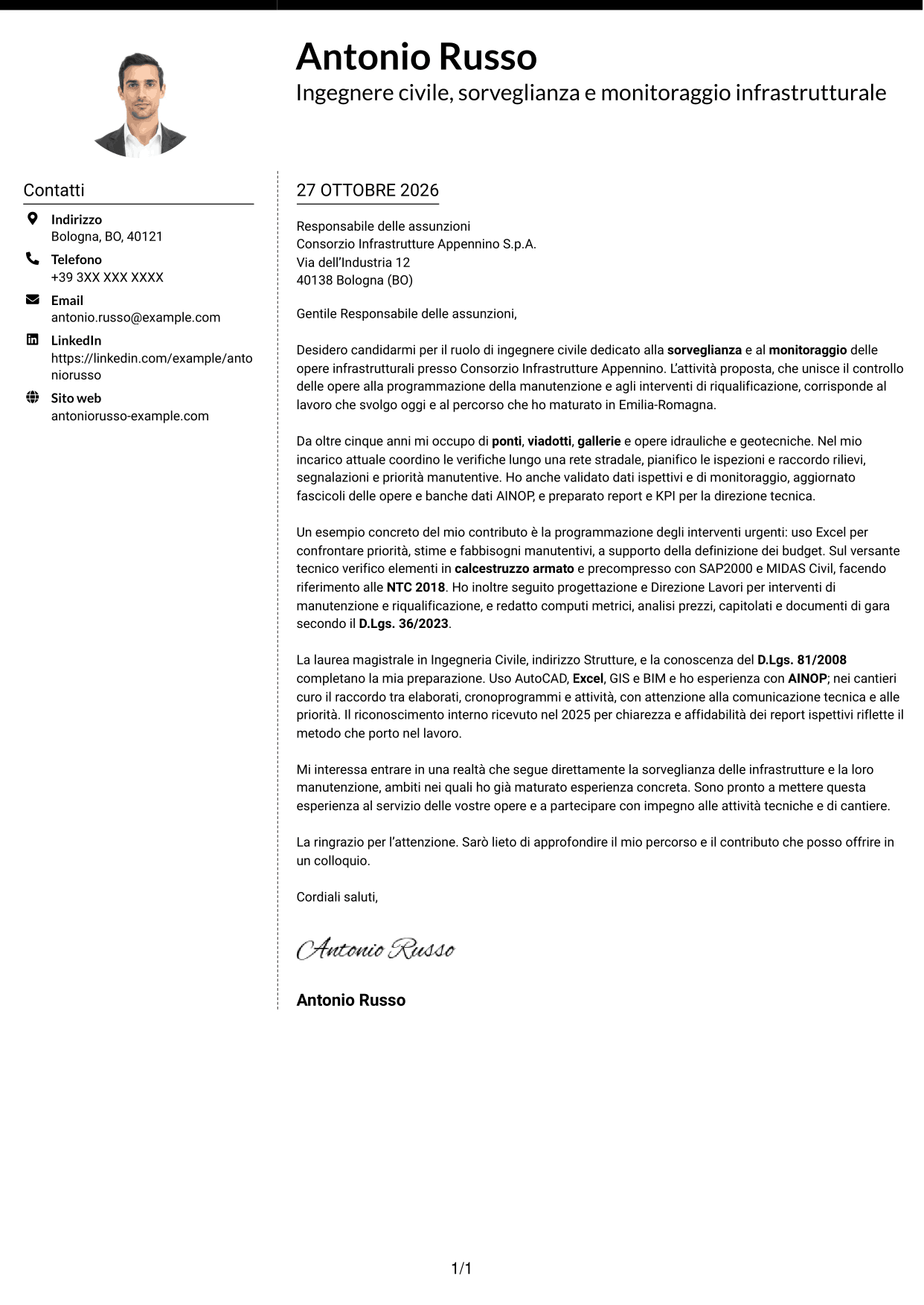 Lettera di presentazione Moderno (formato a due colonne con foto a sinistra e separatore): Ingegnere Civile - Sorveglianza e Monitoraggio delle Opere Infrastrutturali, pagina 1