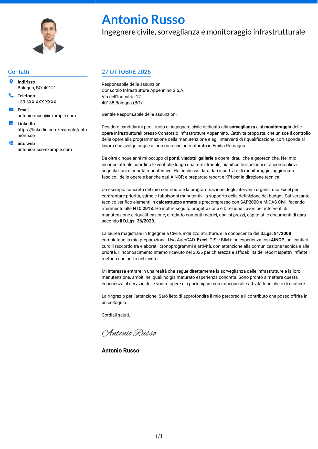 Lettera di presentazione Audace (formato a due colonne con accenti colorati e foto): Ingegnere Civile - Sorveglianza e Monitoraggio delle Opere Infrastrutturali, pagina 1