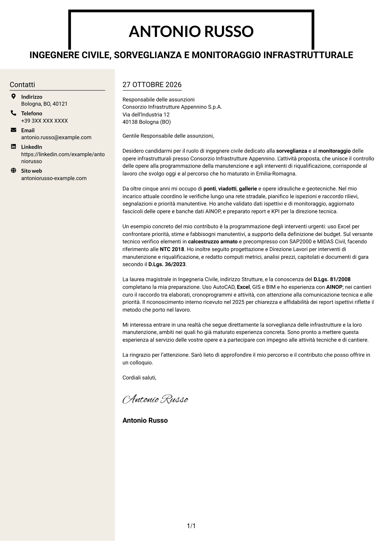 Lettera di presentazione Intraprendente (formato a due colonne con intestazione centrata senza foto): Ingegnere Civile - Sorveglianza e Monitoraggio delle Opere Infrastrutturali, pagina 1