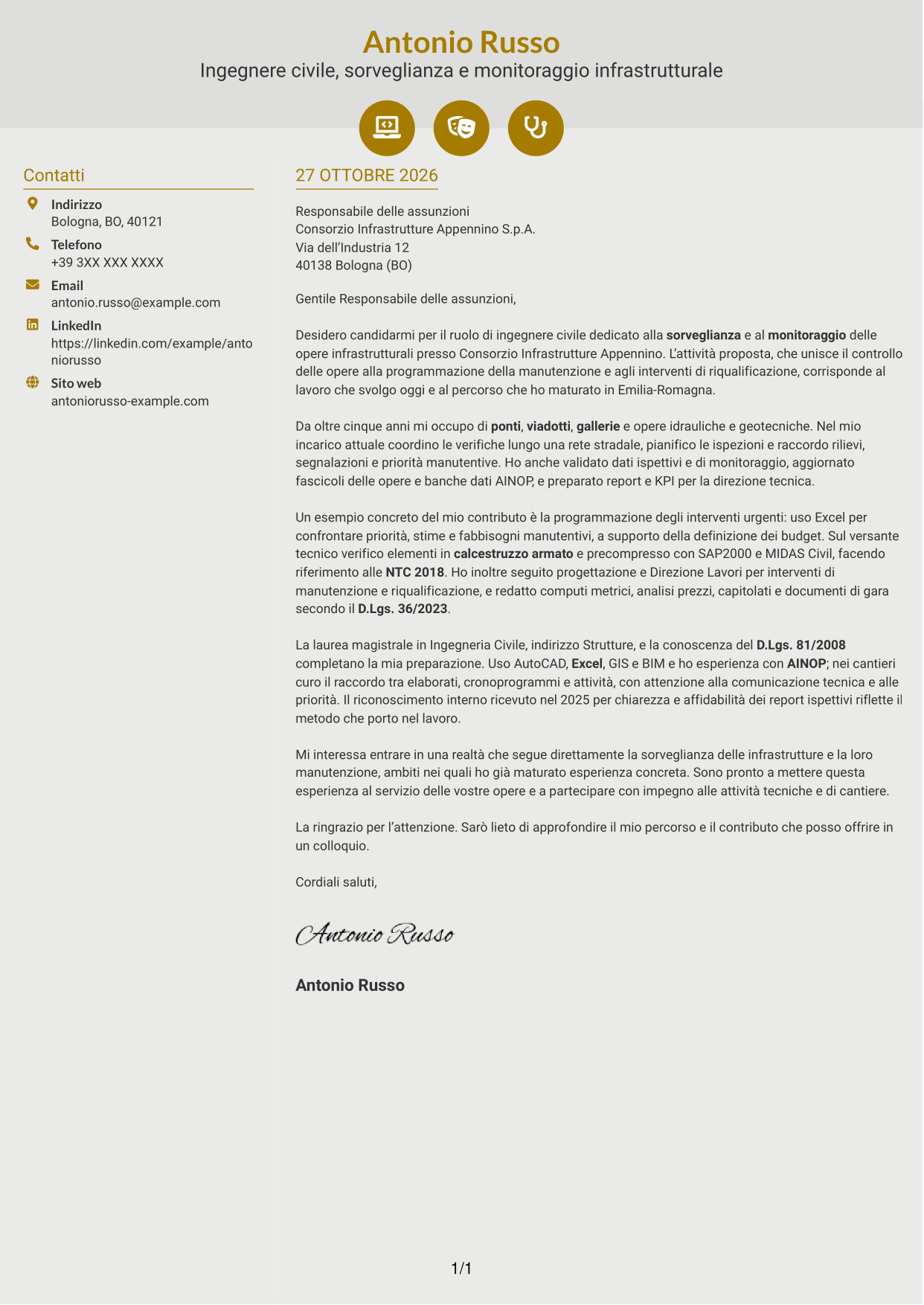 Lettera di presentazione Dinamico (formato a due colonne con icone): Ingegnere Civile - Sorveglianza e Monitoraggio delle Opere Infrastrutturali, pagina 1