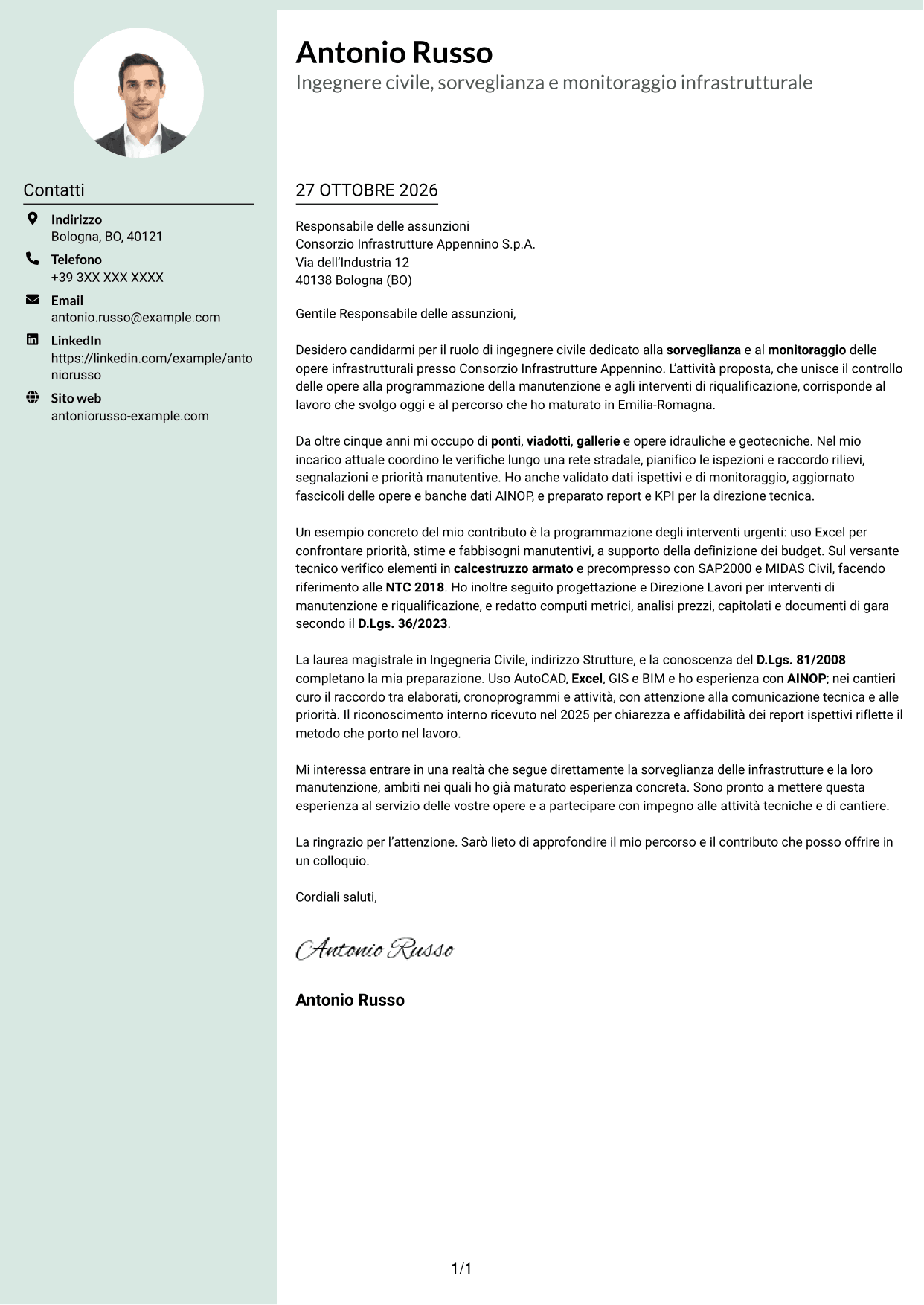 Lettera di presentazione Dirigente (formato con colonna laterale tenue e foto arrotondata): Ingegnere Civile - Sorveglianza e Monitoraggio delle Opere Infrastrutturali, pagina 1