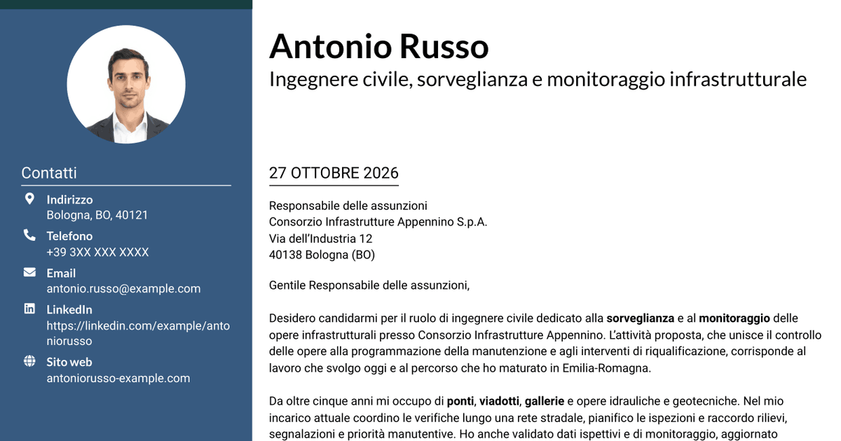 7 modelli di lettera di presentazione per Ingegnere Civile - Sorveglianza e Monitoraggio delle Opere Infrastrutturali, con esempi