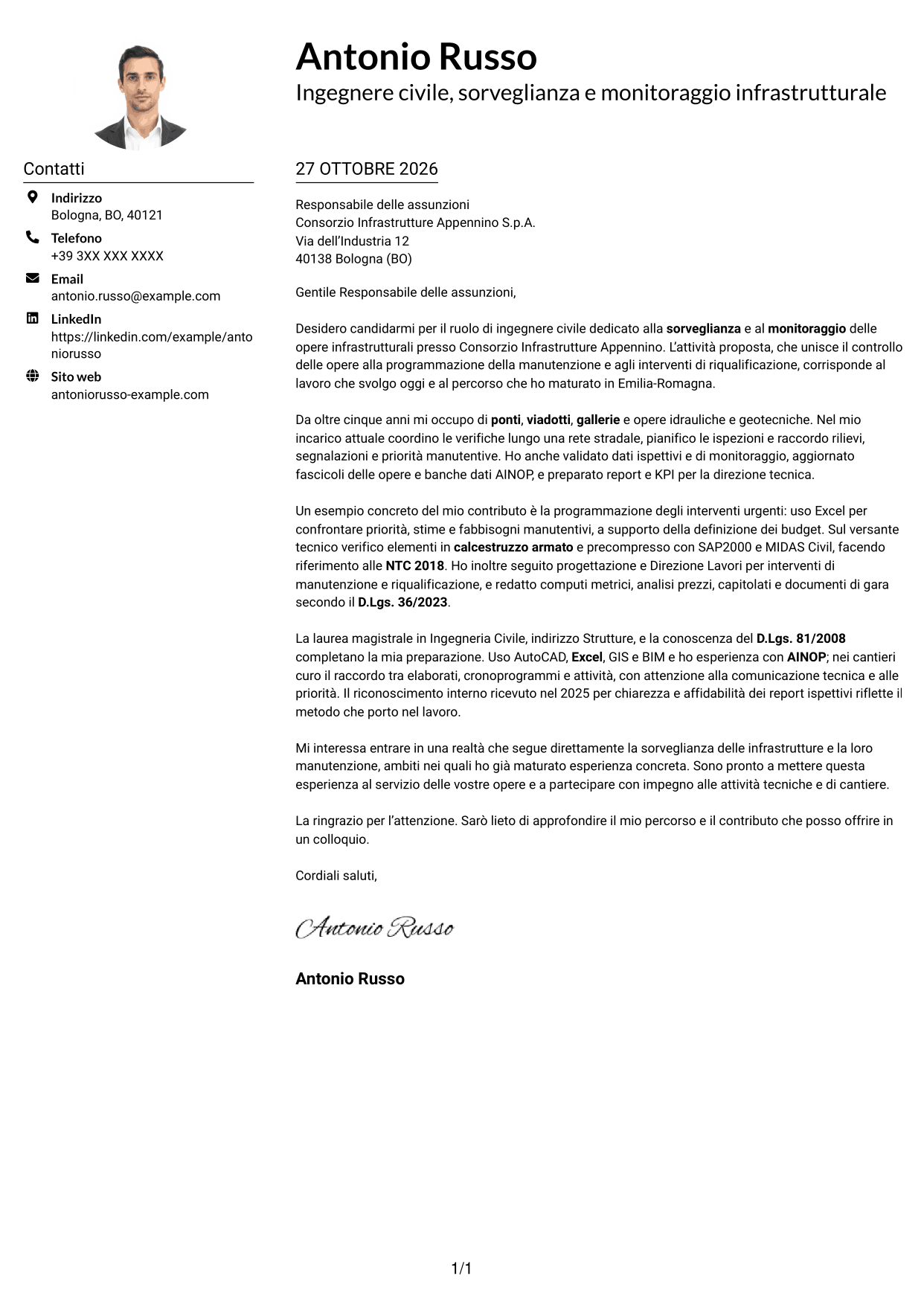 Esempio di lettera di presentazione — pagina 1
