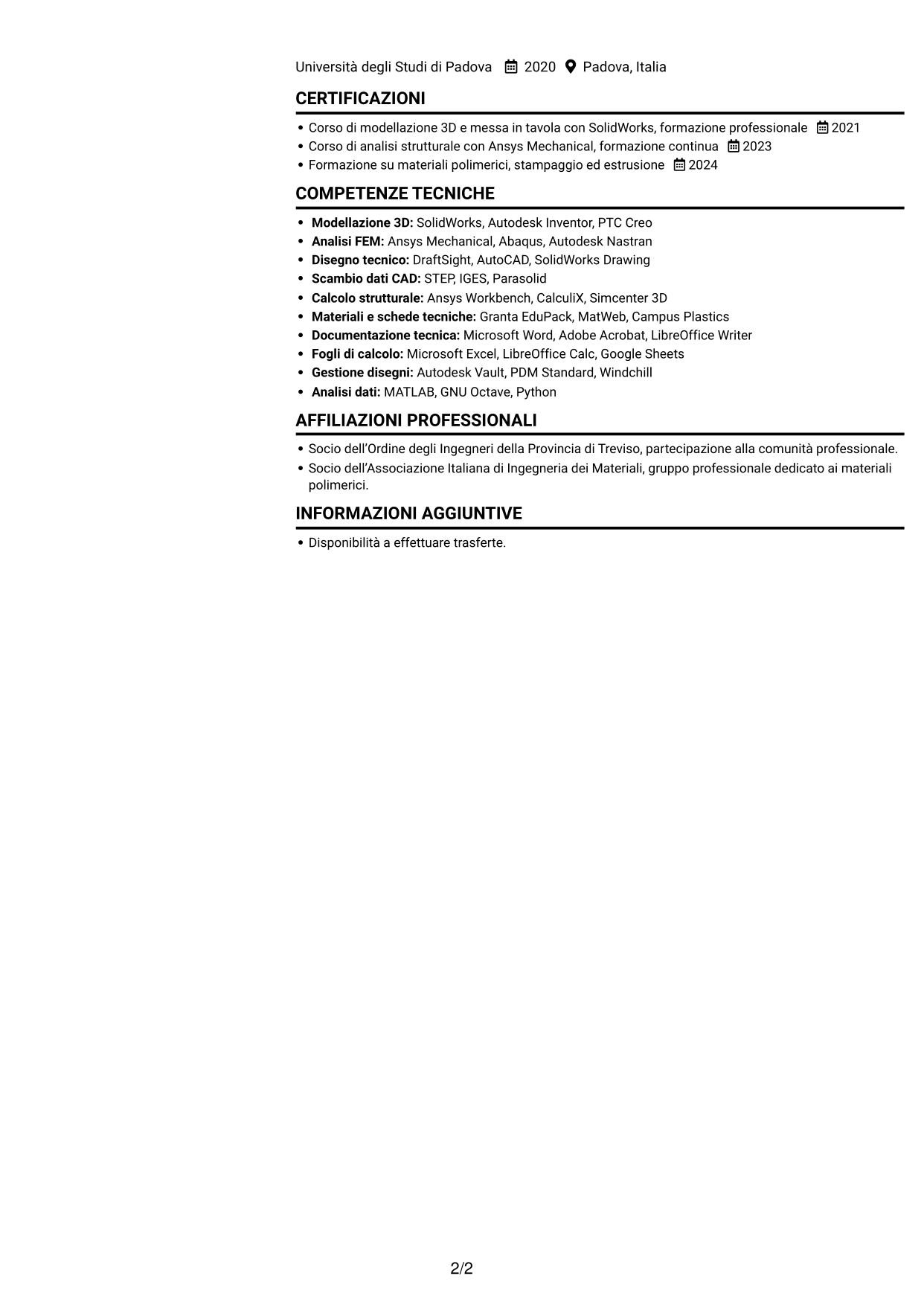 CV Compatto (formato sobrio a due colonne con foto): Ingegnere civile strutturista - Componenti in polimeri e compositi, pagina 2