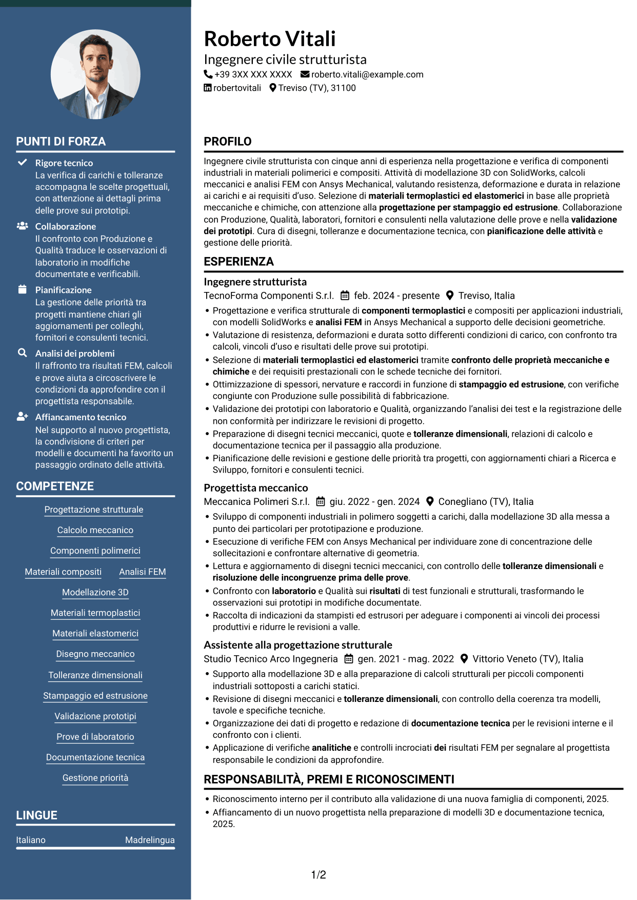 CV Elegante (formato con colonna laterale colorata e foto): Ingegnere civile strutturista - Componenti in polimeri e compositi, pagina 1