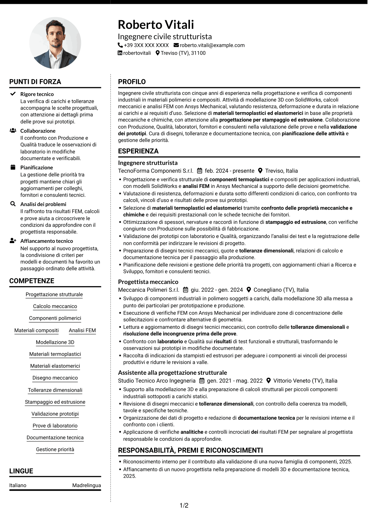 CV Moderno (formato a due colonne con foto a sinistra e separatore): Ingegnere civile strutturista - Componenti in polimeri e compositi, pagina 1