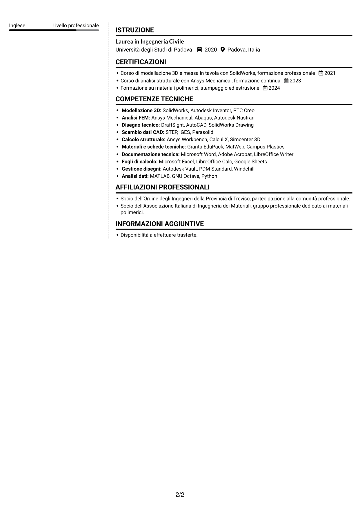 CV Moderno (formato a due colonne con foto a sinistra e separatore): Ingegnere civile strutturista - Componenti in polimeri e compositi, pagina 2