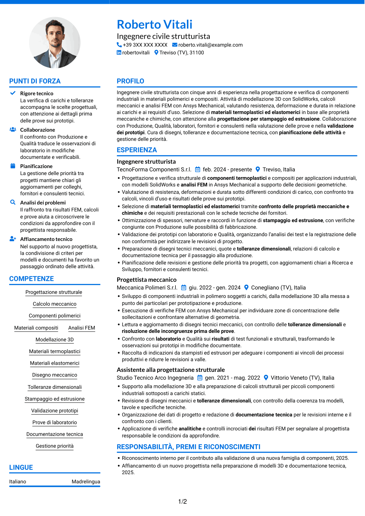 CV Audace (formato a due colonne con accenti colorati e foto): Ingegnere civile strutturista - Componenti in polimeri e compositi, pagina 1