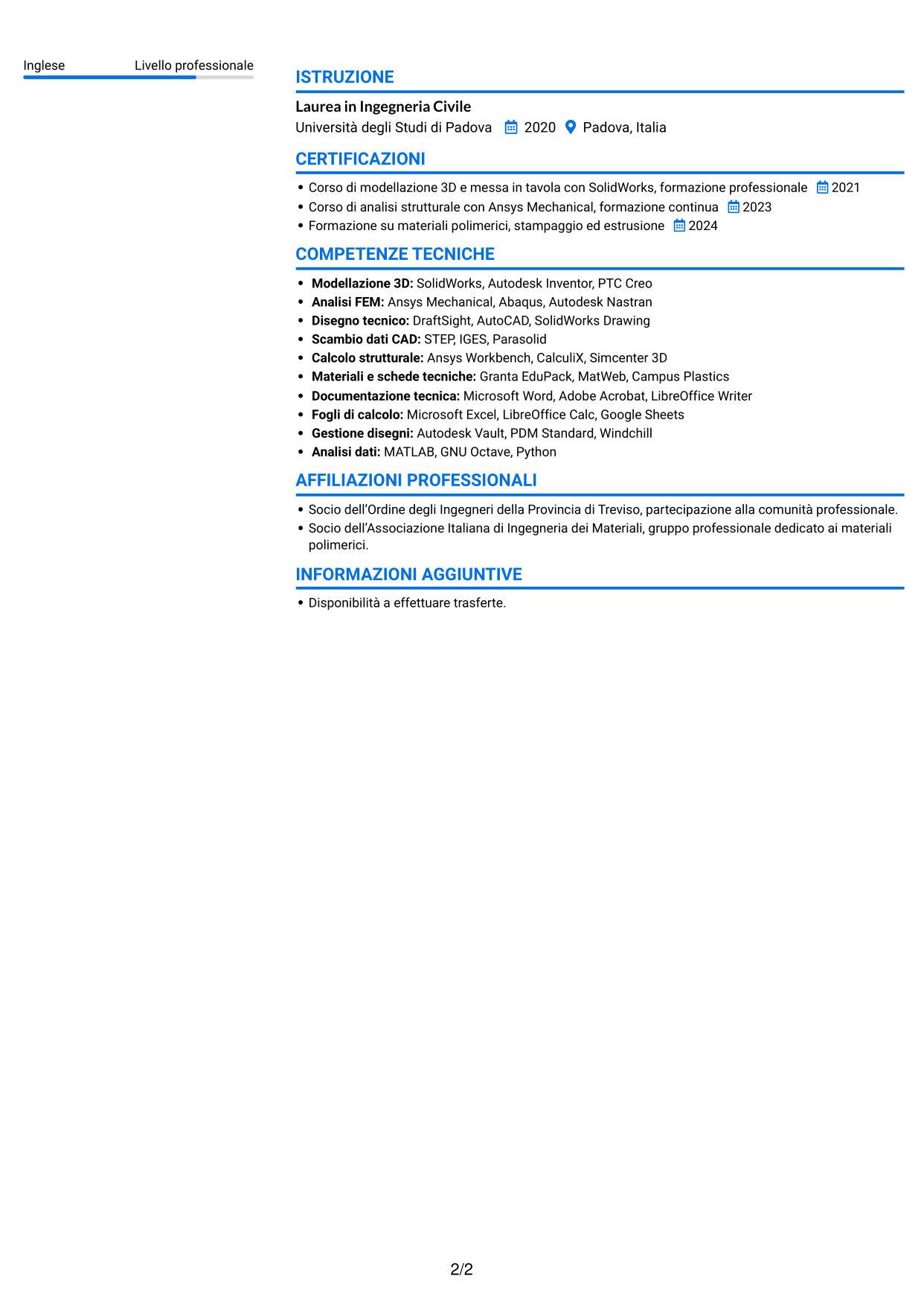 CV Audace (formato a due colonne con accenti colorati e foto): Ingegnere civile strutturista - Componenti in polimeri e compositi, pagina 2