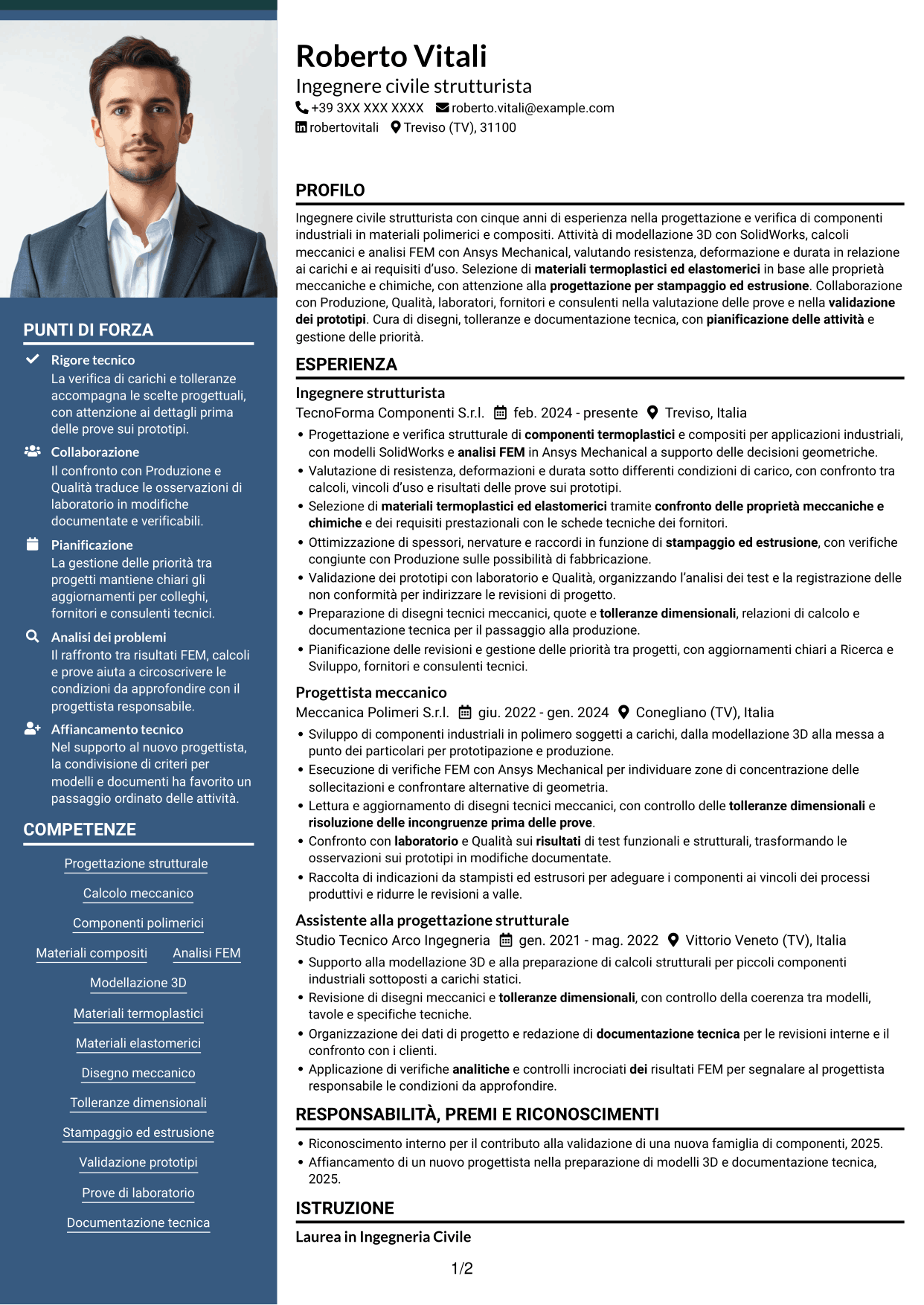 CV Signature (formato con colonna laterale colorata e foto grande): Ingegnere civile strutturista - Componenti in polimeri e compositi, pagina 1