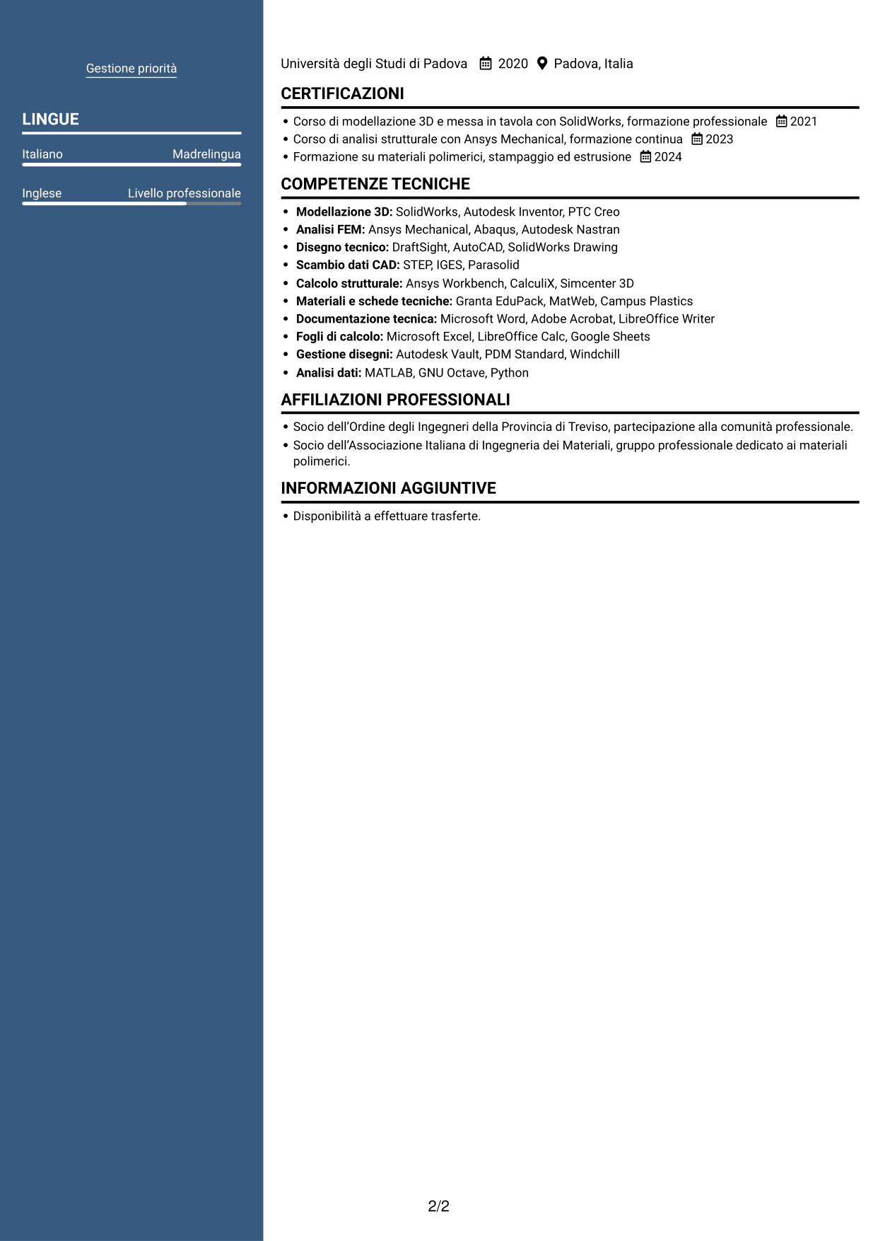 CV Signature (formato con colonna laterale colorata e foto grande): Ingegnere civile strutturista - Componenti in polimeri e compositi, pagina 2