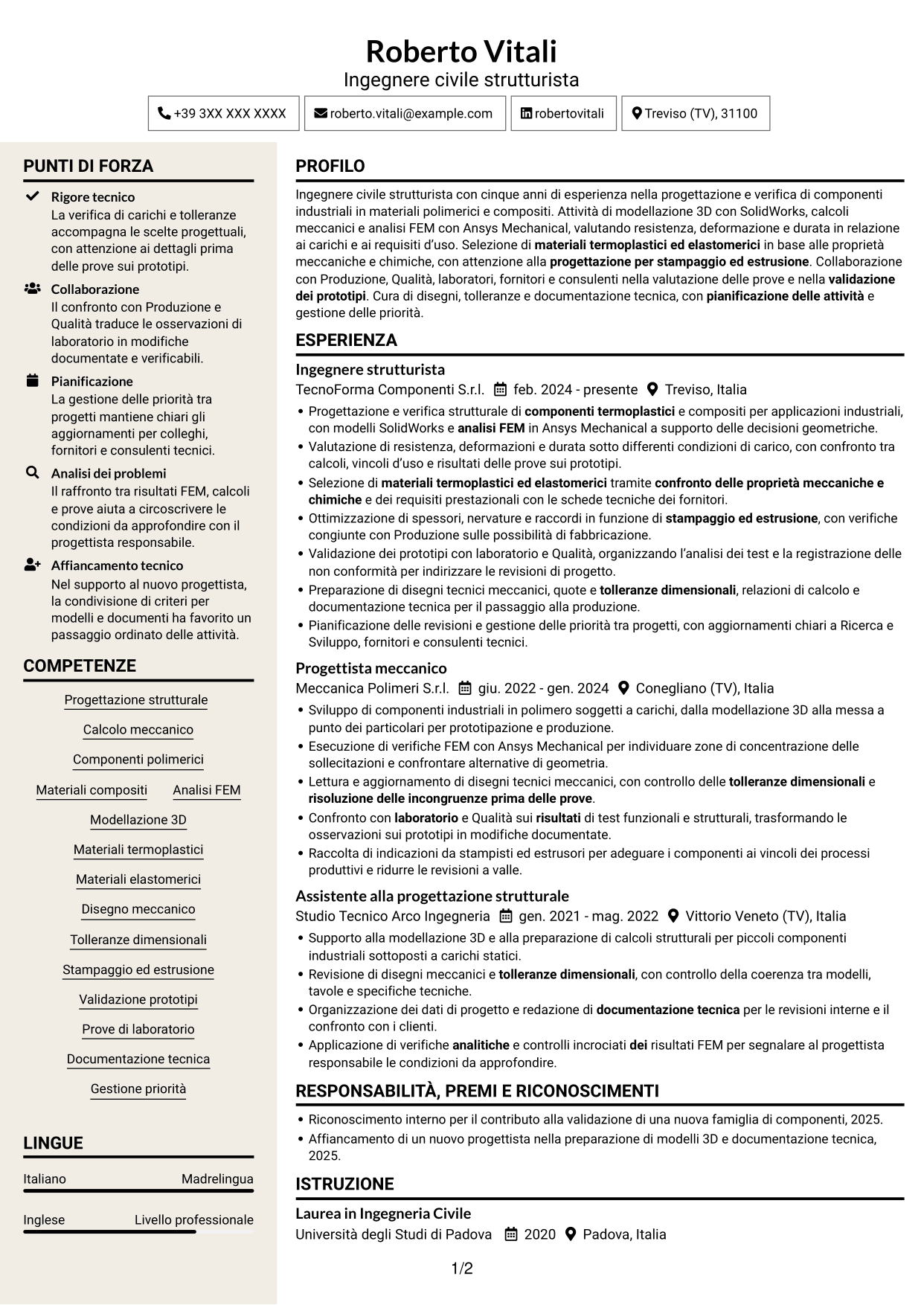 CV Intraprendente (formato a due colonne con intestazione centrata senza foto): Ingegnere civile strutturista - Componenti in polimeri e compositi, pagina 1