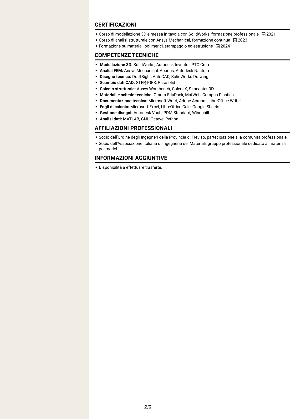 CV Intraprendente (formato a due colonne con intestazione centrata senza foto): Ingegnere civile strutturista - Componenti in polimeri e compositi, pagina 2